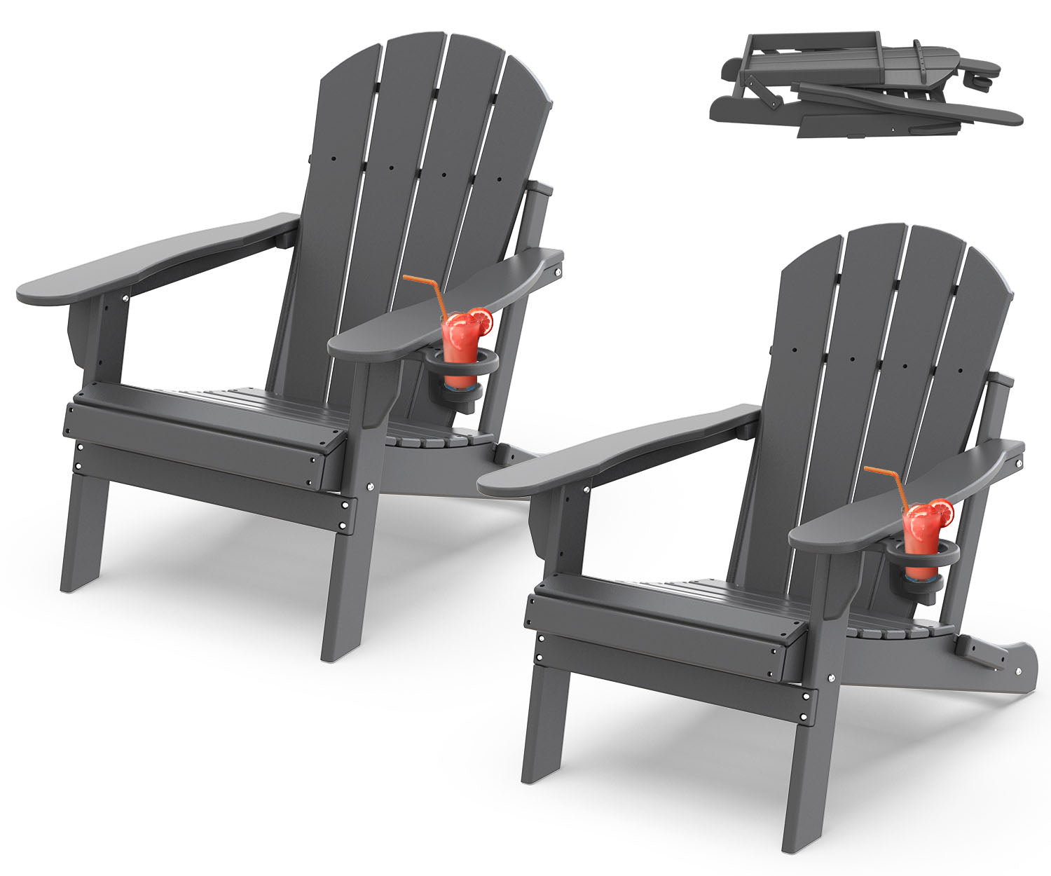 PIPOPA Outdoor Folding Adirondack Chair set of 2, HDPE All Weather Patio Chair with Cup Holder for Deck Backyard Garden, Grey