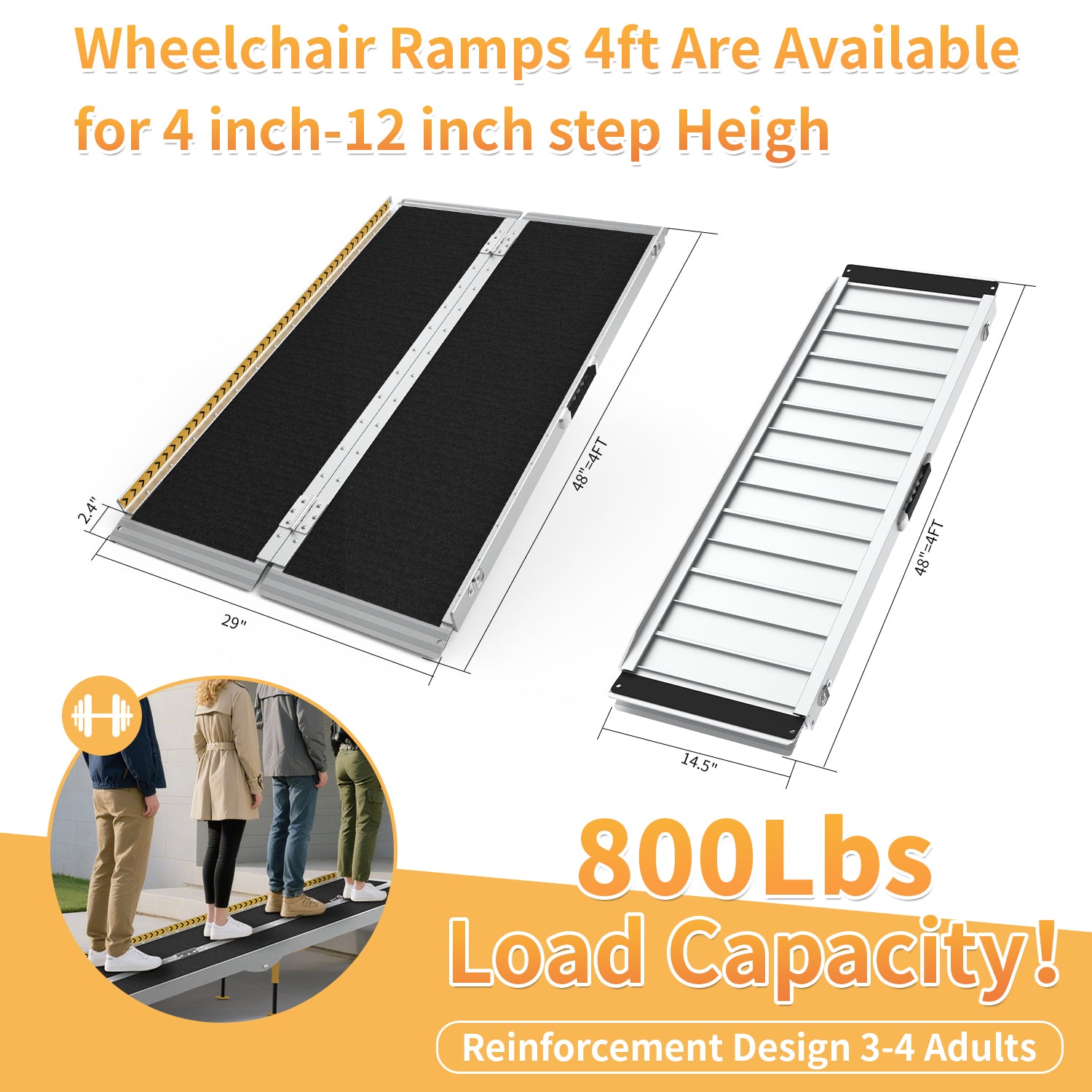 FODINGHILL 4 ft Folding Wheelchair Ramp,Portable Aluminum Threshold Ramp,800 lbs Capacity
