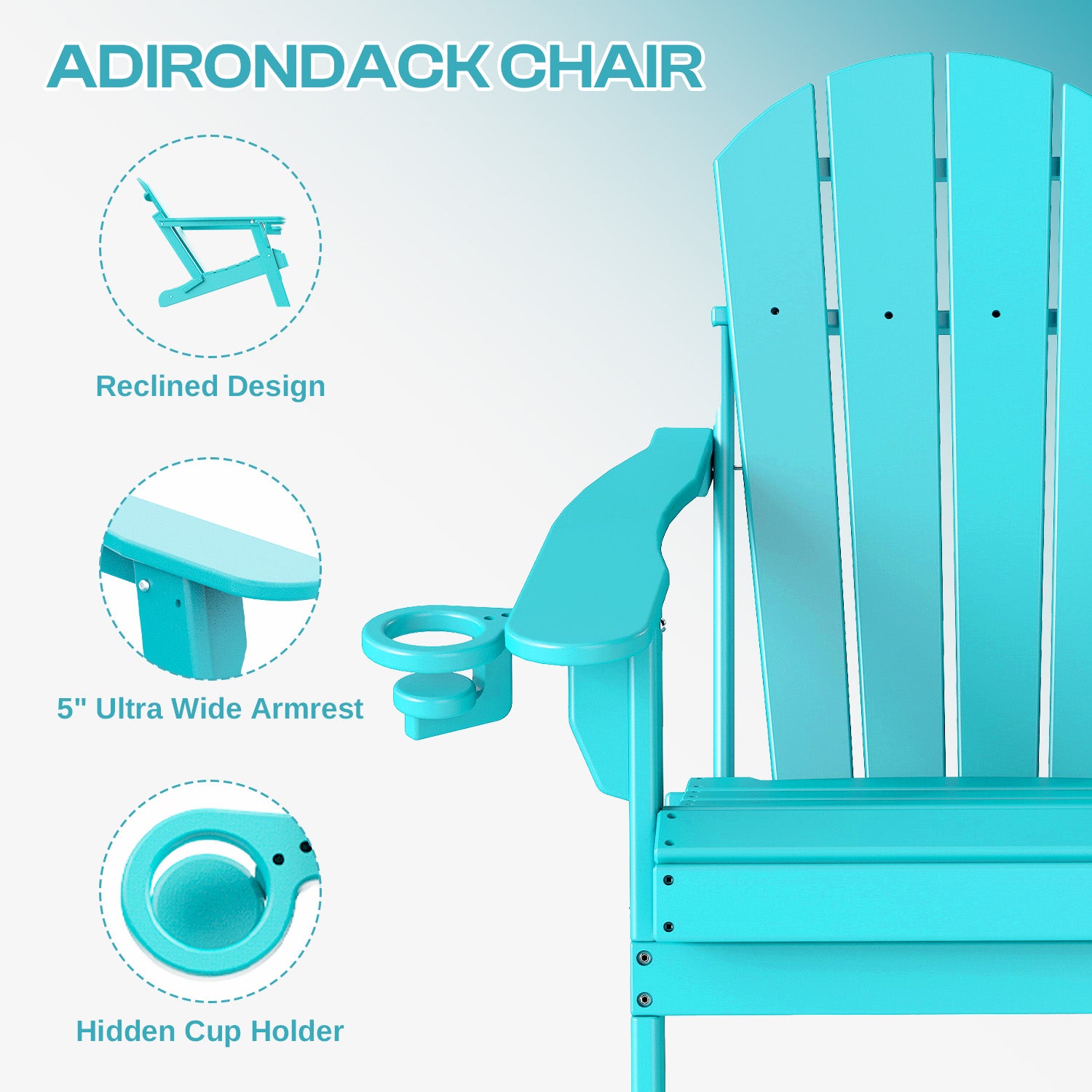 Outdoor Folding Adirondack Chair, HDPE All Weather Patio Chair with Cup Holder for Deck Backyard Garden, Aqua