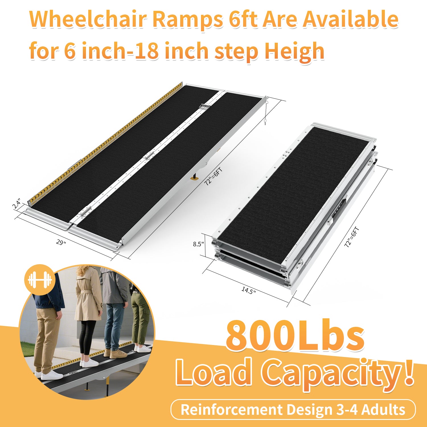 FODINGHILL 6 ft Folding Wheelchair Ramp,Portable Aluminum Threshold Ramp,800 lbs Capacity