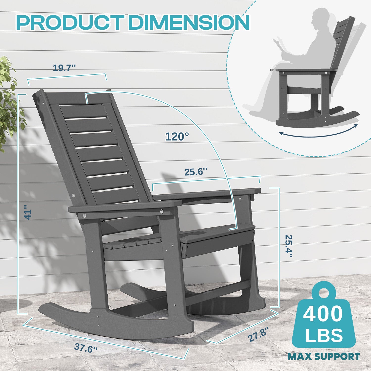 Outdoor Rocking Chair, HDPE All Weather Adirondack Oversized Rockers, Porch Rocking Chairs for Patio Outside Backyard Balcony Garden, Gray