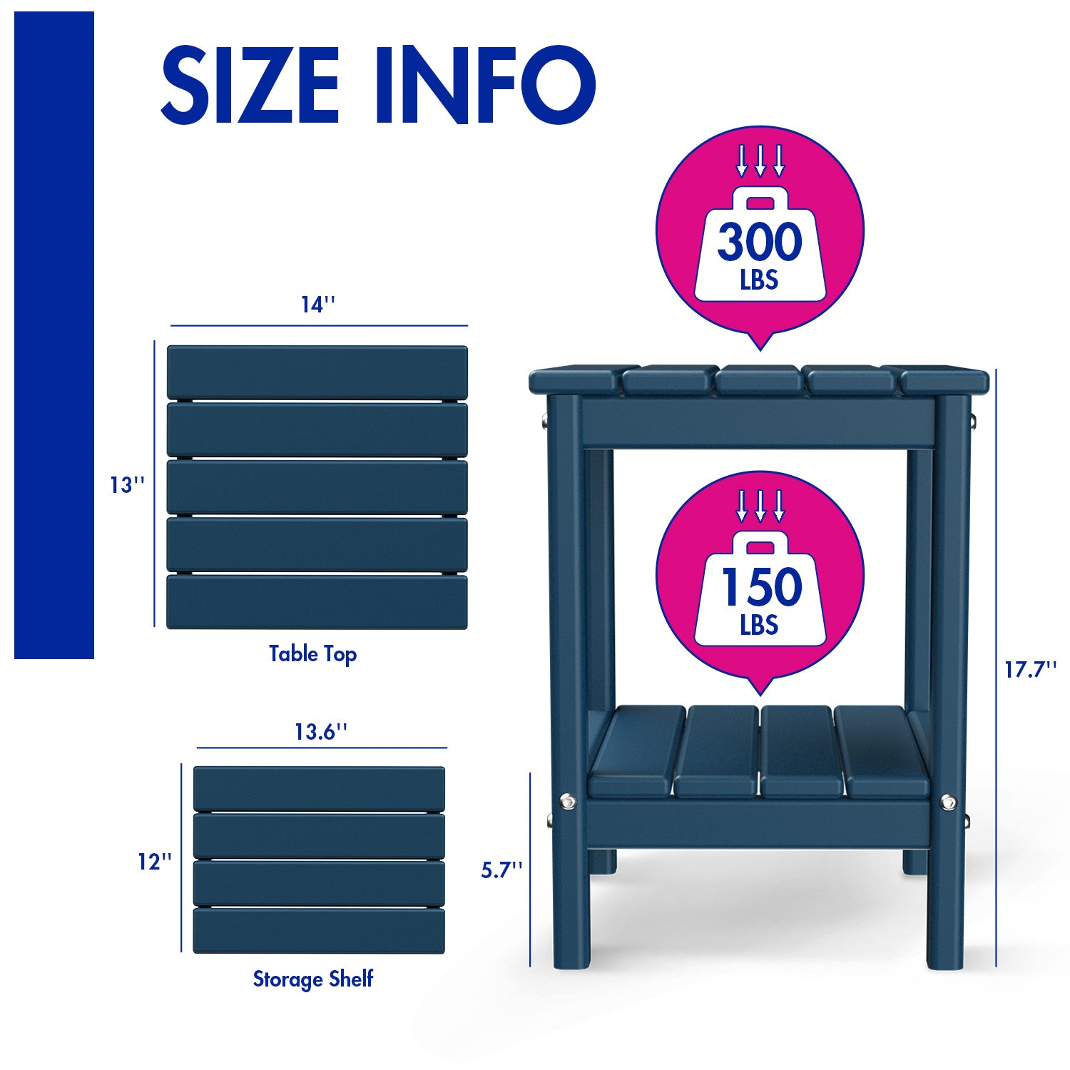 FODINGHILL 2-Tier Outdoor Side Table set of 2, HDPE All Weather Adirondack Patio Table with Storage Shelf, Outside End Table for Porch Backyard Indoor, Blue