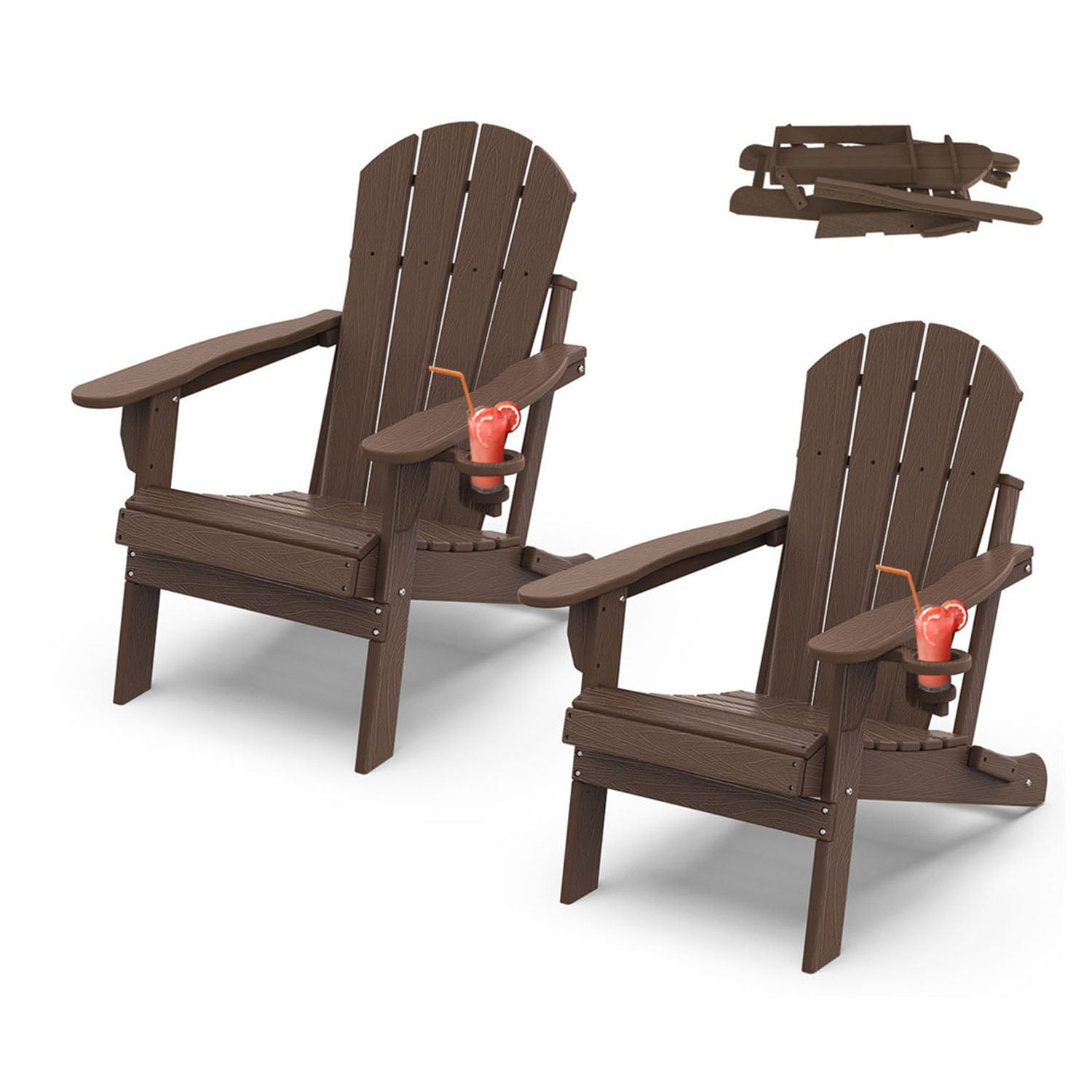 Outdoor Folding Adirondack Chair set of 2, HDPE All Weather Patio Chair with Cup Holder for Deck Backyard Garden, BrownWood