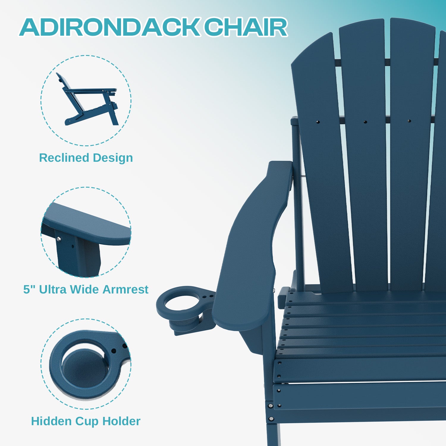 PIPOPA Outdoor Folding Adirondack Chair, HDPE All Weather Patio Chair with Cup Holder for Deck Backyard Garden, Blue