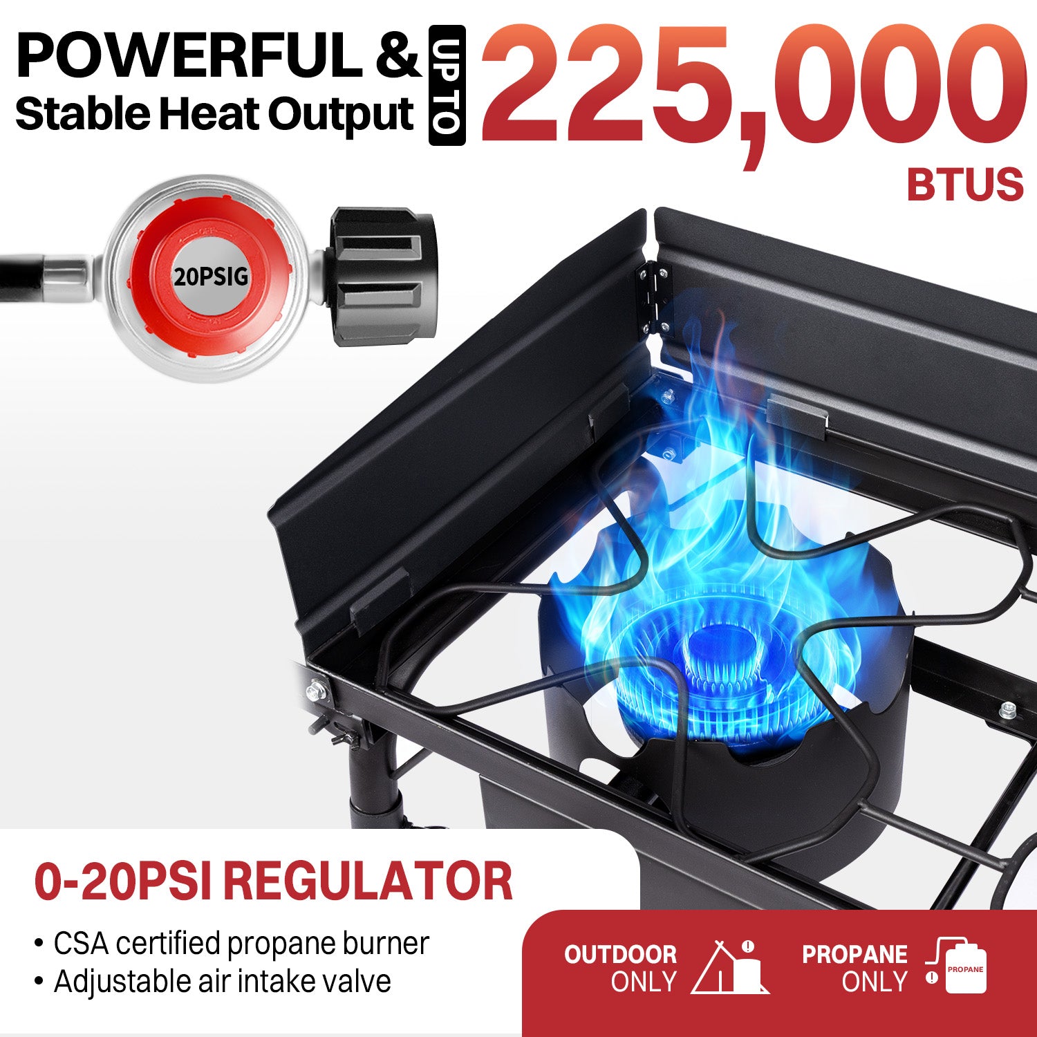 3 Burner Propane Camp Stove | 225,000 BTU Gas Burners | Side Shelves | Windscreen | Waterproof Cover | Detachable Legs | Ideal for Camping Backyard Outdoor Cooking