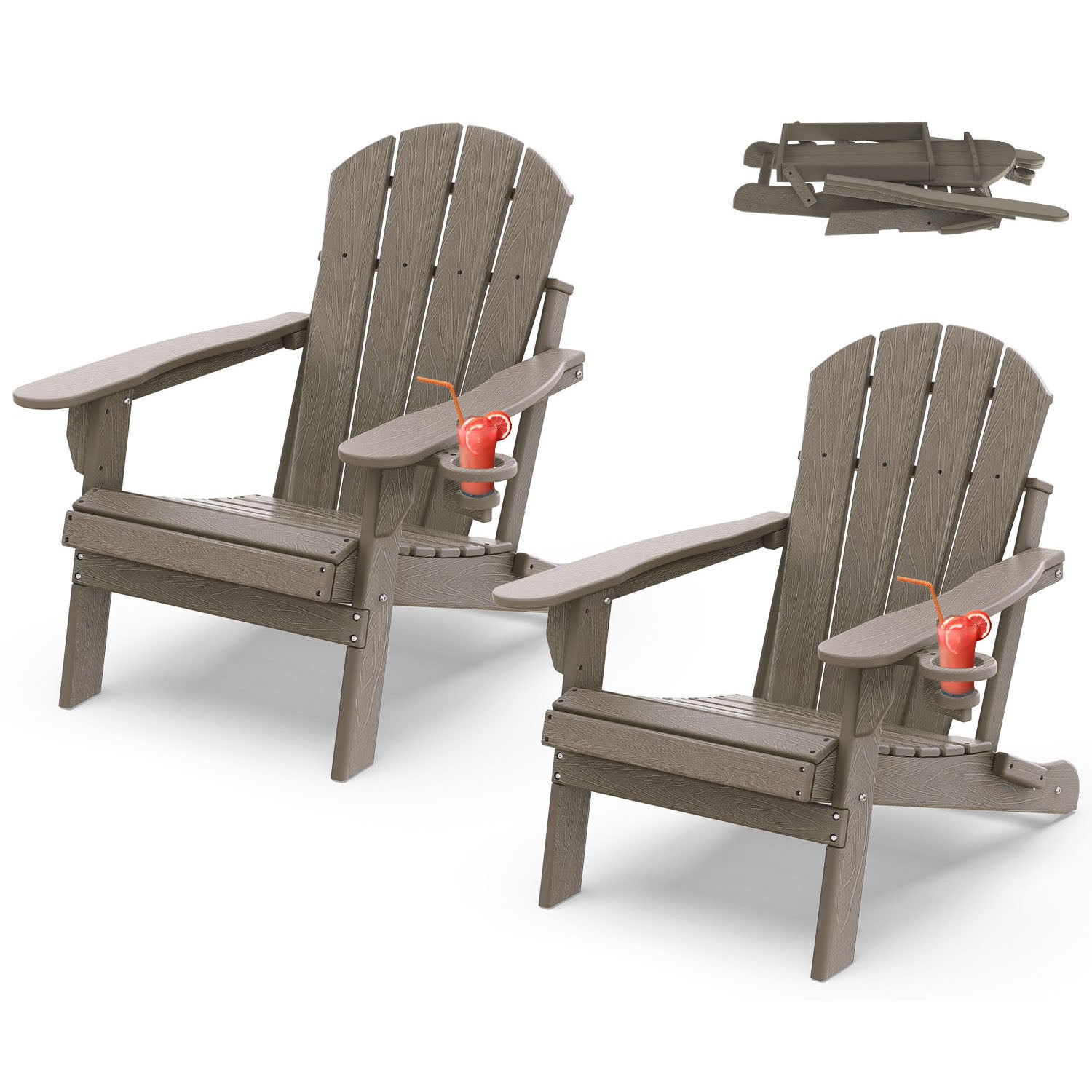 Outdoor Folding Adirondack Chair set of 2, HDPE All Weather Patio Chair with Cup Holder for Deck Backyard Garden, Wood