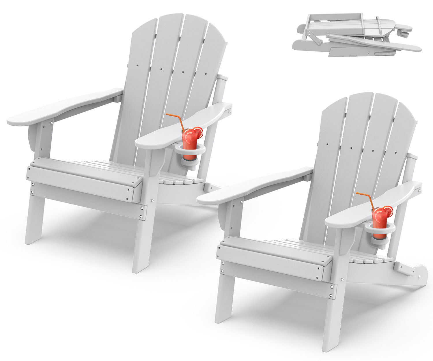 PIPOPA Outdoor Folding Adirondack Chair set of 2, HDPE All Weather Patio Chair with Cup Holder for Deck Backyard Garden, White