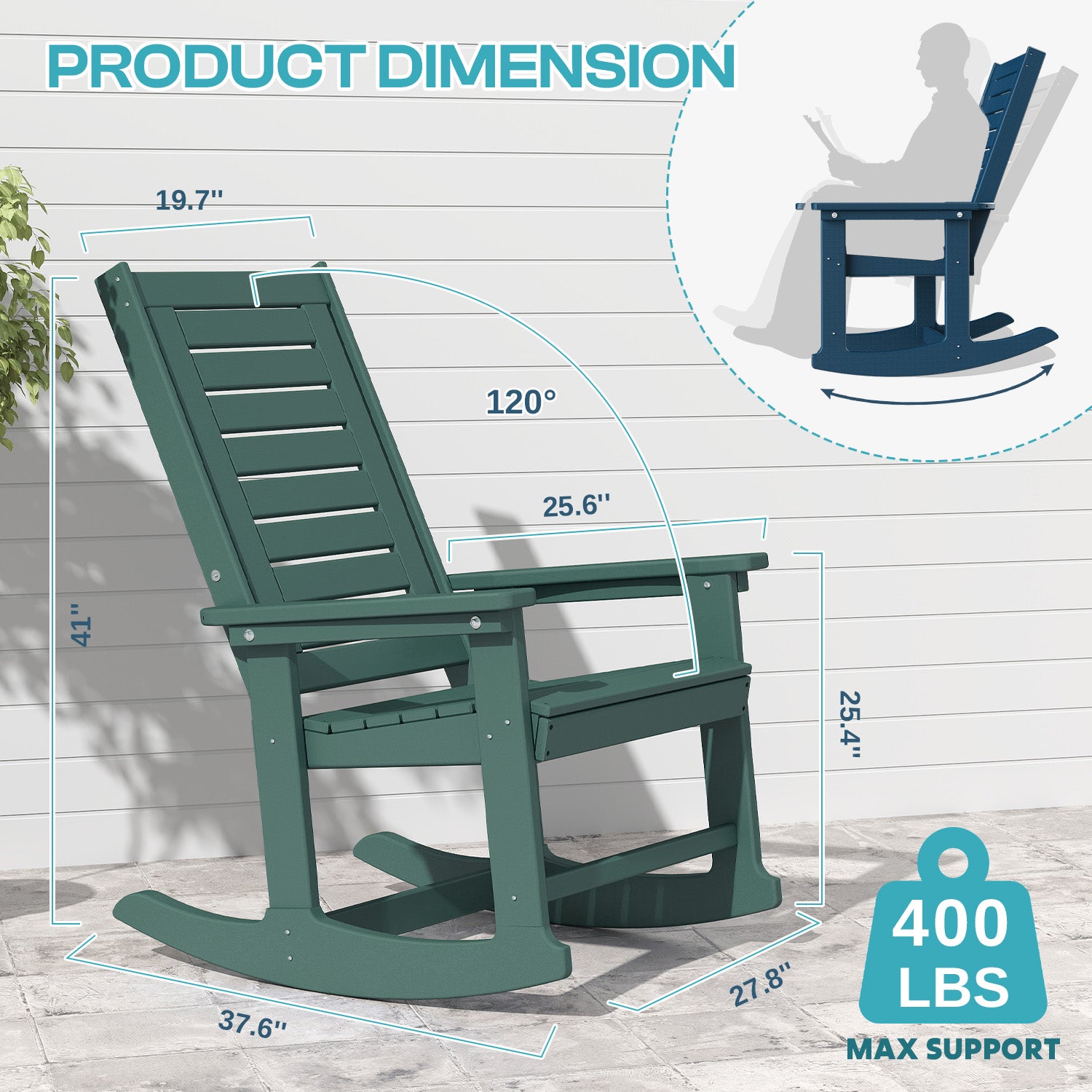 Outdoor Rocking Chair Set of 2,HDPE Oversized Rocking Chair Outdoor,High Back  Patio Rocking Chairs for Porch Garden Balcony,Forest
