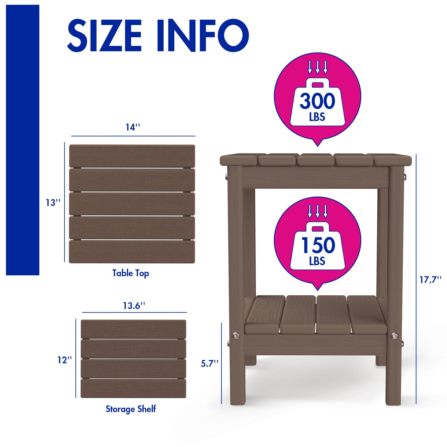 FODINGHILL 2-Tier Outdoor Side Table, HDPE All Weather Adirondack Patio Table with Storage Shelf, Outside End Table for Porch Backyard Indoor, Brown Wood Grain