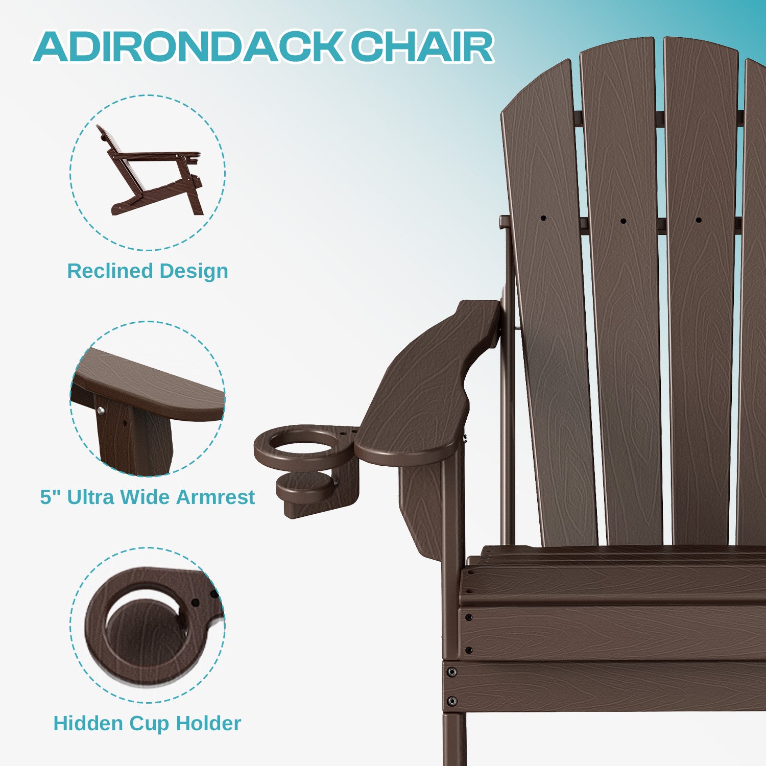 Outdoor Folding Adirondack Chair, HDPE All Weather Patio Chair with Cup Holder for Deck Backyard Garden, BrownWood