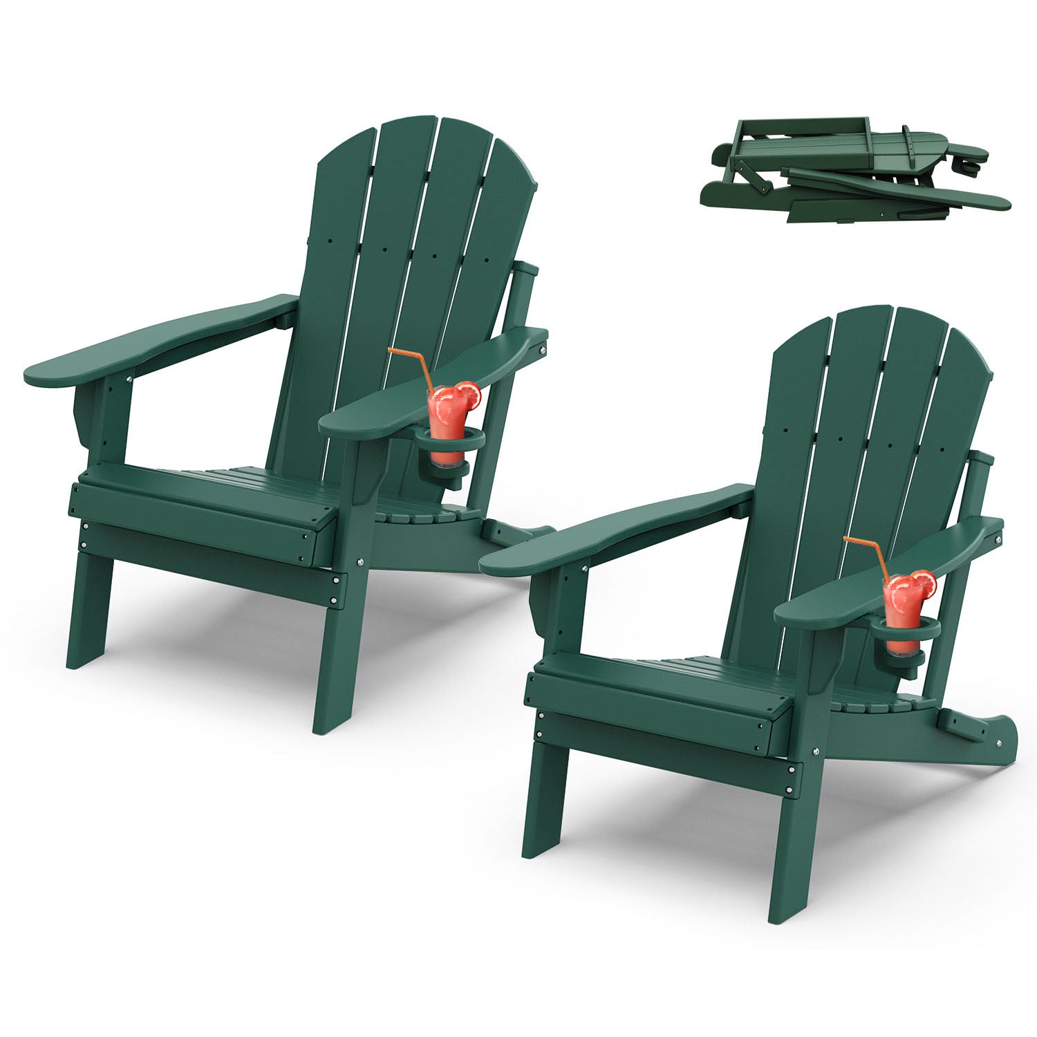 Outdoor Folding Adirondack Chair set of 2, HDPE All Weather Patio Chair with Cup Holder for Deck Backyard Garden, Dark Green