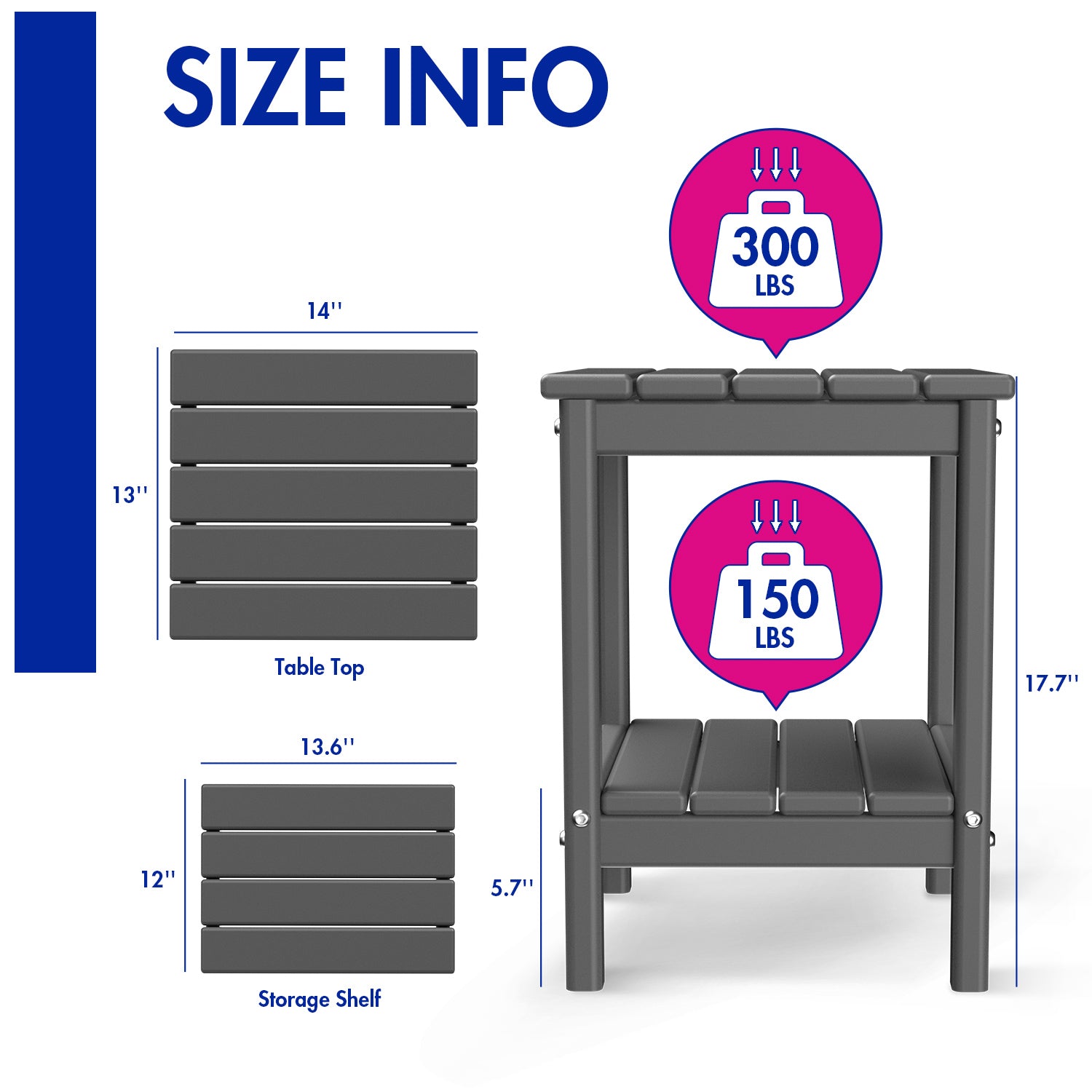 FODINGHILL 2-Tier Outdoor Side Table set of 2, HDPE All Weather Adirondack Patio Table with Storage Shelf, Outside End Table for Porch Backyard Indoor, Grey