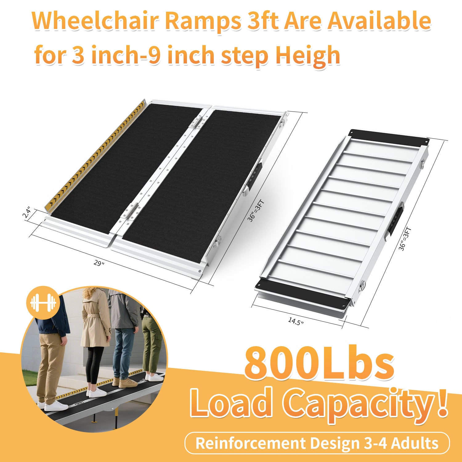 FODINGHILL 3 ft Folding Wheelchair Ramp,Portable Aluminum Threshold Ramp,800 lbs Capacity