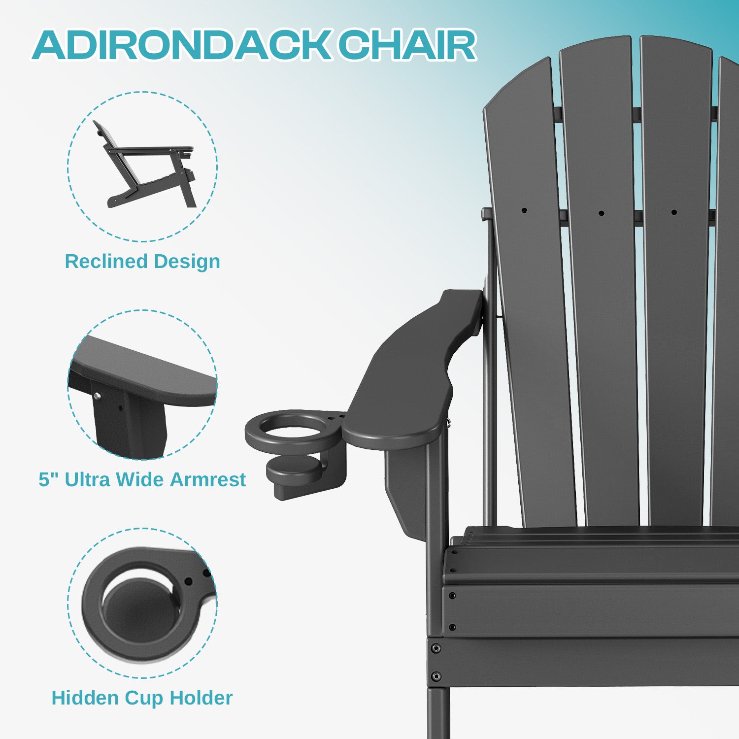 PIPOPA Outdoor Folding Adirondack Chair, HDPE All Weather Patio Chair with Cup Holder for Deck Backyard Garden, Grey