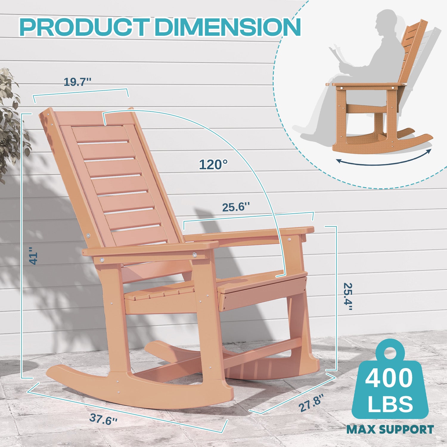 Outdoor Rocking Chair,HDPE Oversized Rocking Outdoor Chair,High Back Rocking Patio Chairs for Porch Garden Balcony,Teak