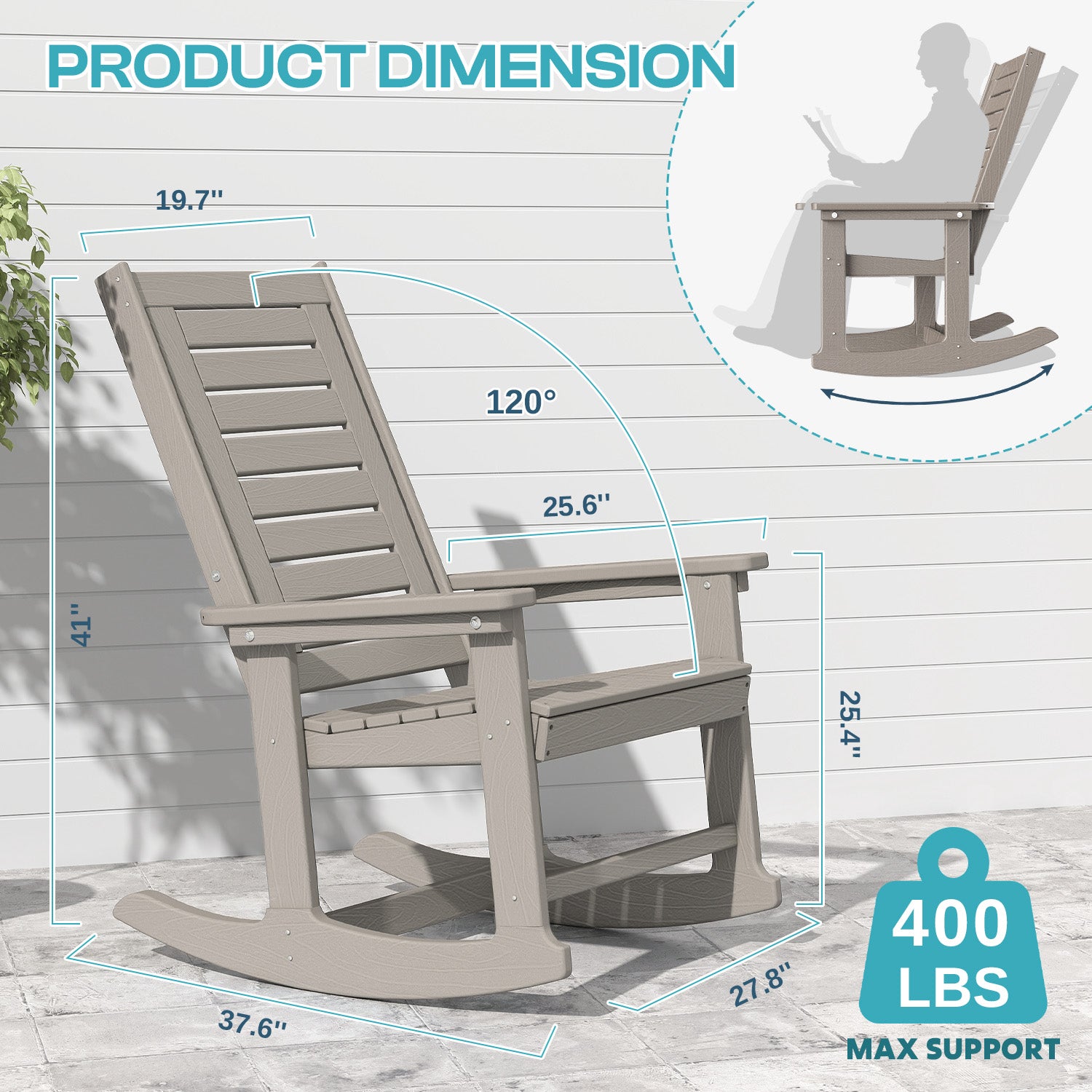 Outdoor Rocking Chair,HDPE Oversized Rocking Outdoor Chair,High Back Rocking Patio Chairs for Porch Garden Balcony,Wood
