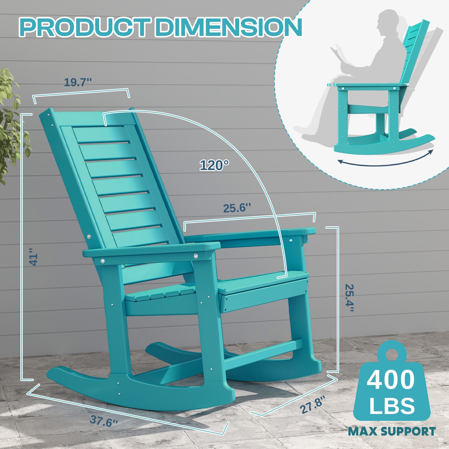 Outdoor Rocking Chair, HDPE All Weather Adirondack Oversized Rockers, Porch Rocking Chairs for Patio Outside Backyard Balcony Garden, Aqua
