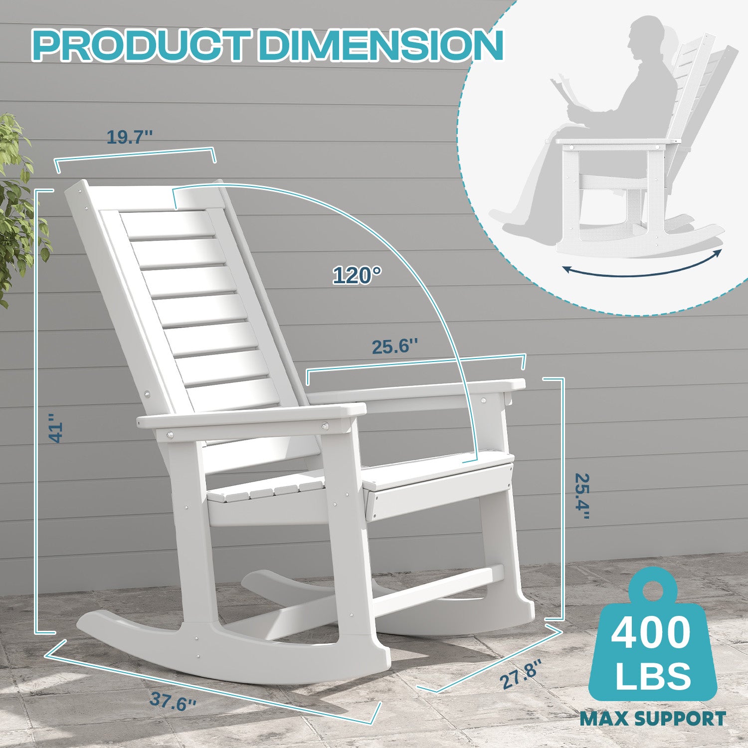 Outdoor Rocking Chair,HDPE Oversized Rocking Chair Outdoor,High Back Rocking Patio Chairs for Porch Garden Balcony,White