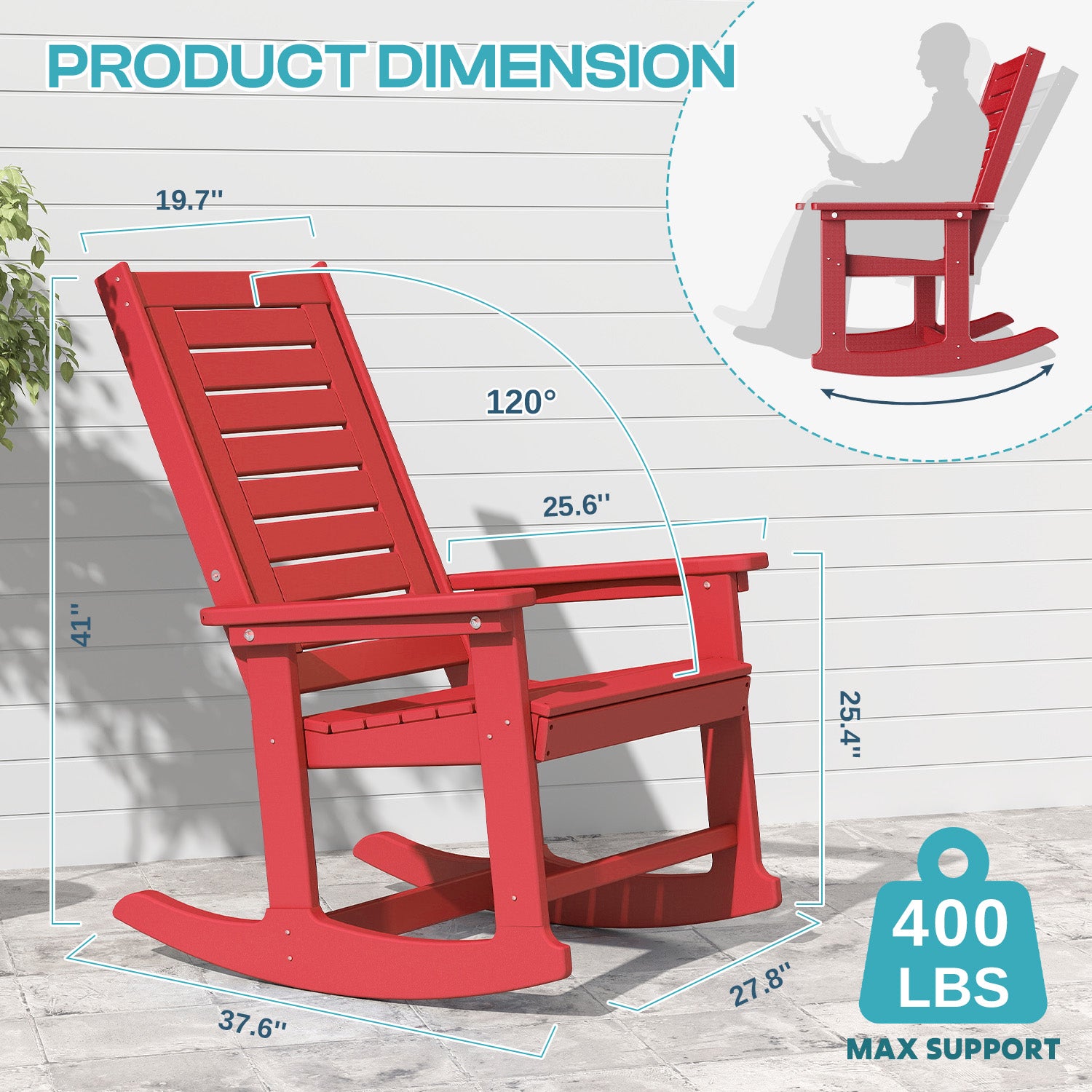 Outdoor Rocking Chair, HDPE All Weather Adirondack Oversized Rockers, Porch Rocking Chairs for Patio Outside Backyard Balcony Garden, Red