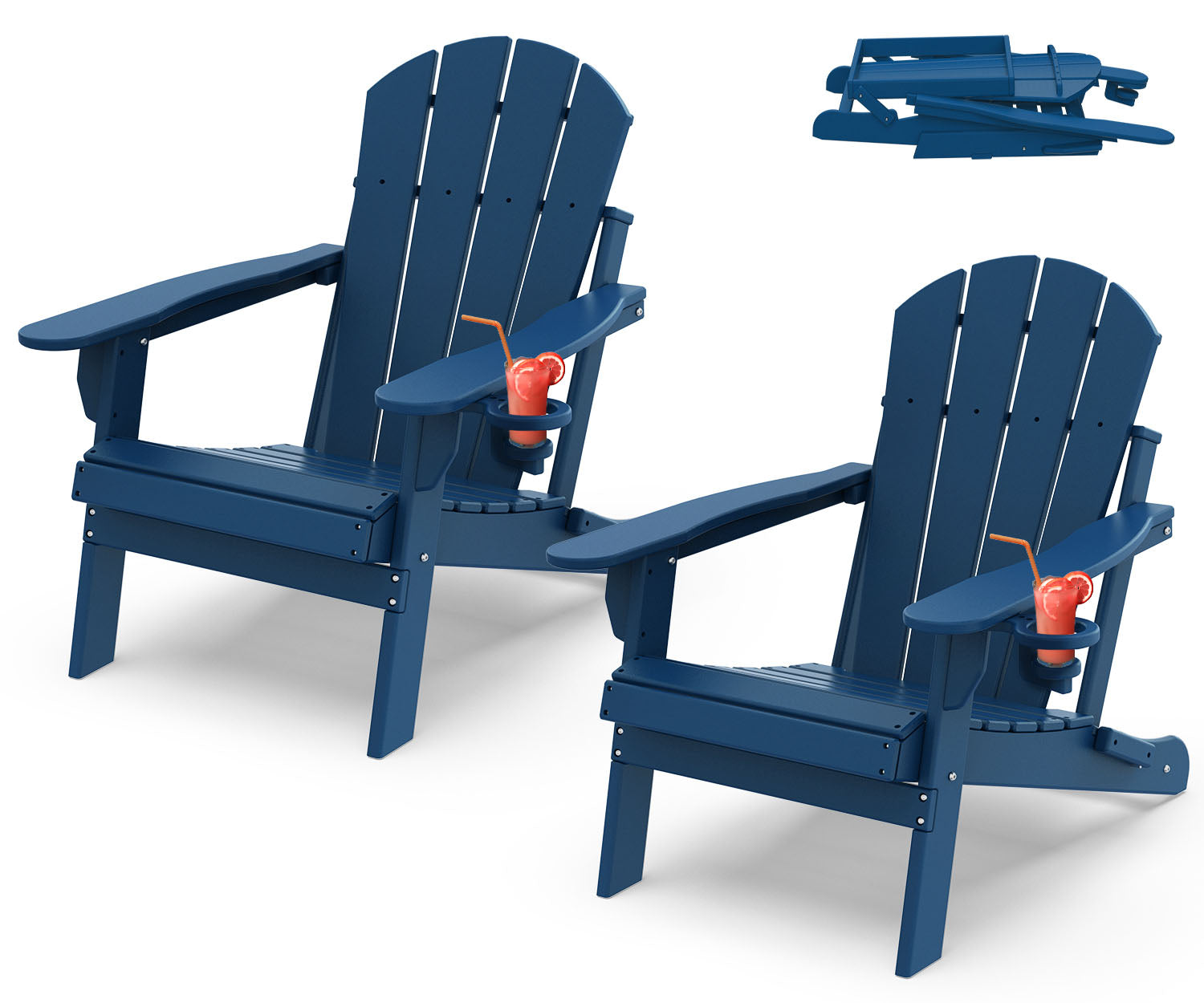 PIPOPA Outdoor Folding Adirondack Chair set of 2, HDPE All Weather Patio Chair with Cup Holder for Deck Backyard Garden, Blue