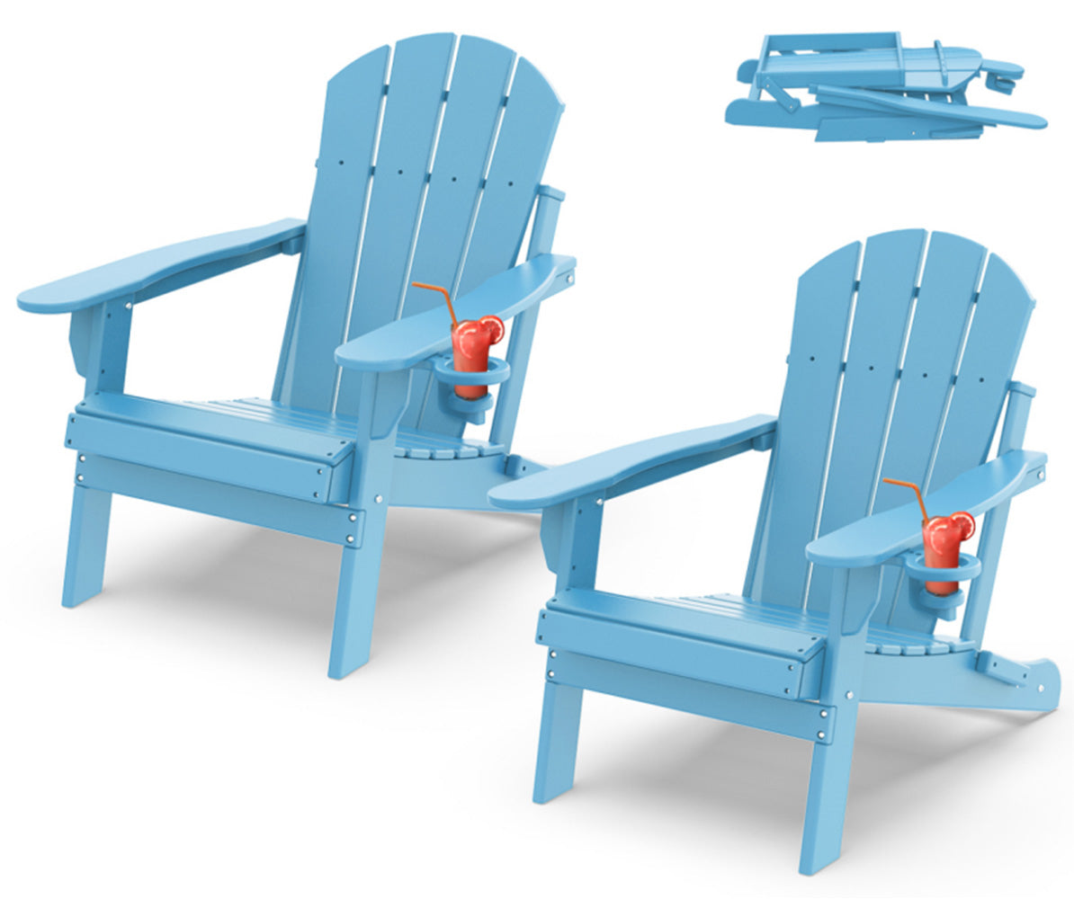 Outdoor Folding Adirondack Chair set of 2, HDPE All Weather Patio Chair with Cup Holder for Deck Backyard Garden, BrownWood