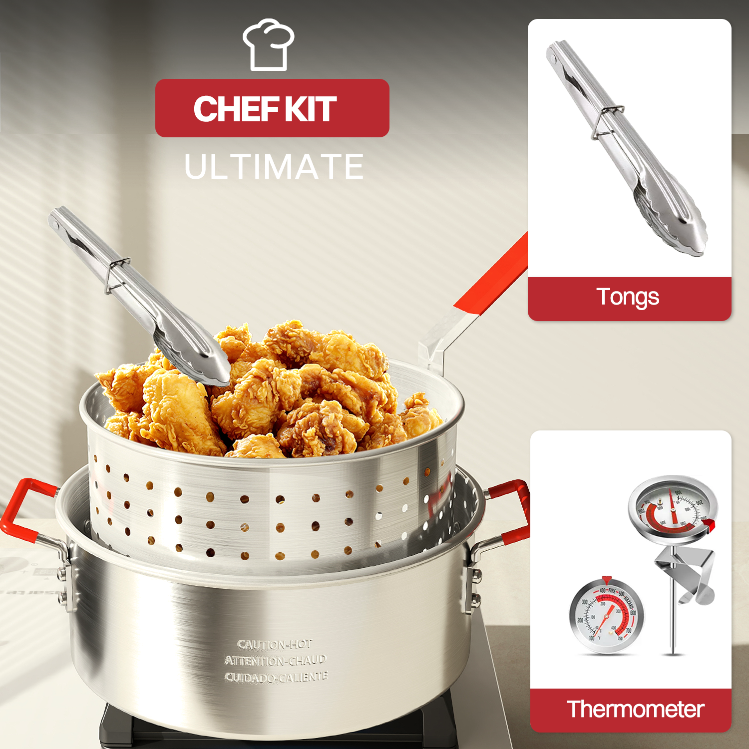 10QT Aluminum Fish Fryer Pot | with Lid & Tong | Deep Fryer with Basket | Indoor & Outdoor Cooking | All-Round Protection | Accessory Gift Pack | Perfect For Boiling ＆ Frying