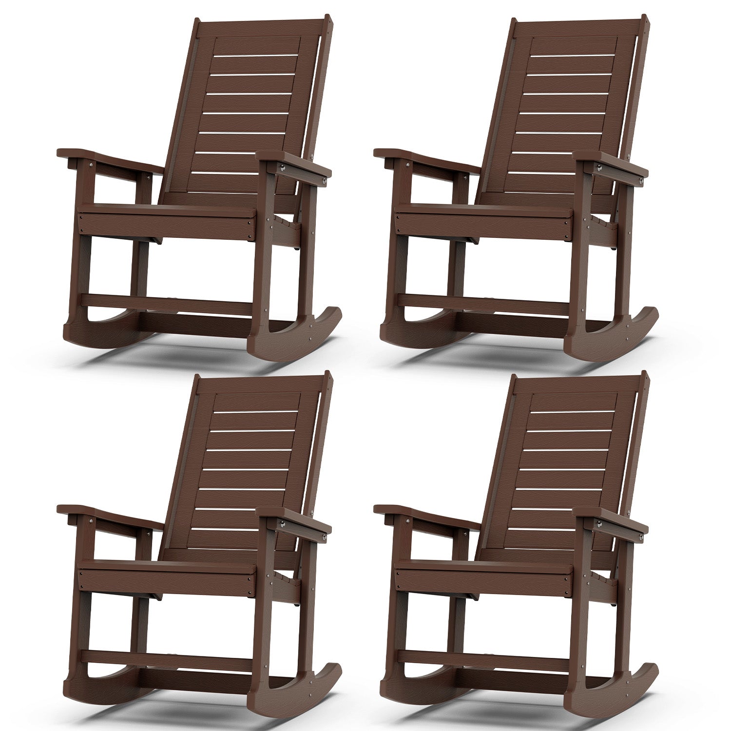 Outdoor Rocking Chair Set of 4,HDPE Oversized Rocking Chair Outdoor,High Back Rocking Patio Chairs for Porch Garden Balcony,BrownWood
