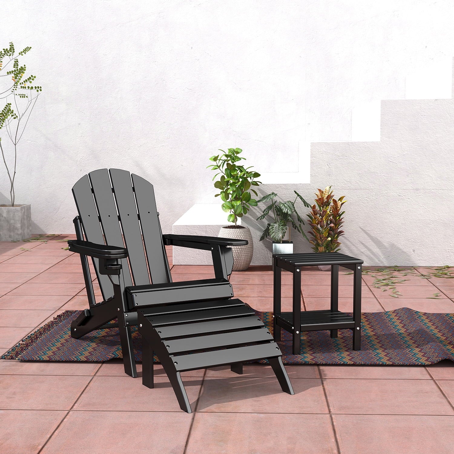 FODINGHILL Adirondack Outdoor Ottoman set of 2, HDPE Patio Foot Rest set of 2, All Weather Folding Foot Stool for Adirondack Chair, for Patio Backyard Pool Porch Lawn, Black