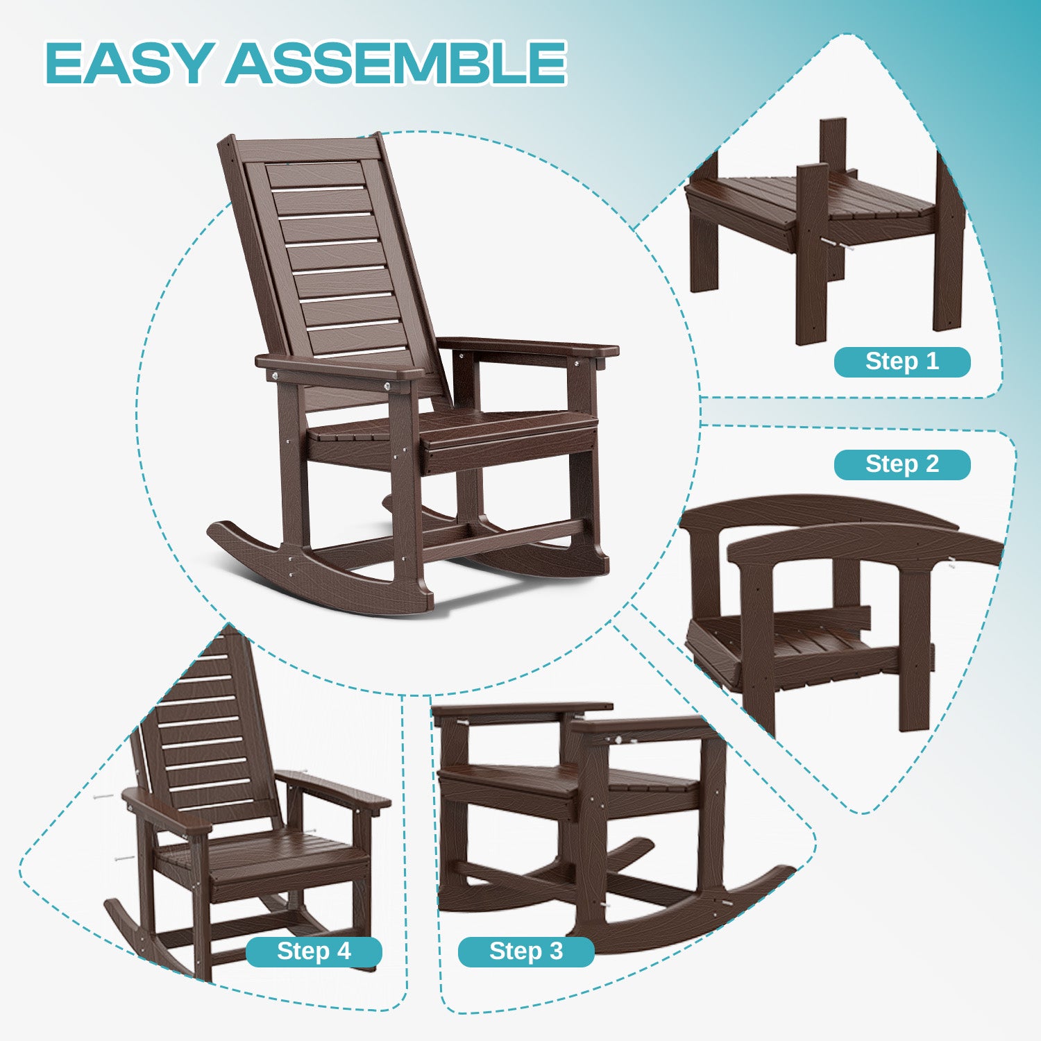 Outdoor Rocking Chair Set of 2, HDPE All Weather Adirondack Oversized Rockers, Porch Rocking Chairs for Patio Outside Backyard Balcony Garden, Brown Wood Grain