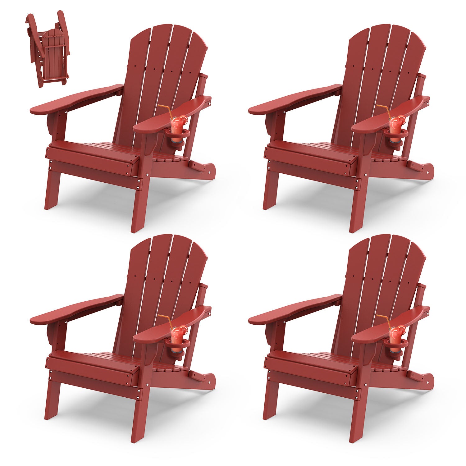 Outdoor Folding Adirondack Chair set of 4, HDPE All Weather Patio Chair with Cup Holder for Deck Backyard Garden, Red