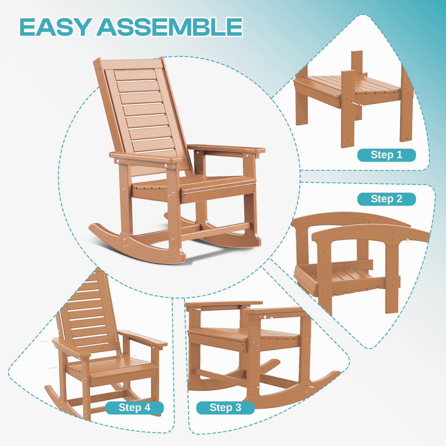 Outdoor Rocking Chair Set of 2,HDPE Oversized Rocking Chair Outdoor,High Back Rocking Patio Chairs for Porch Garden Balcony,Teak