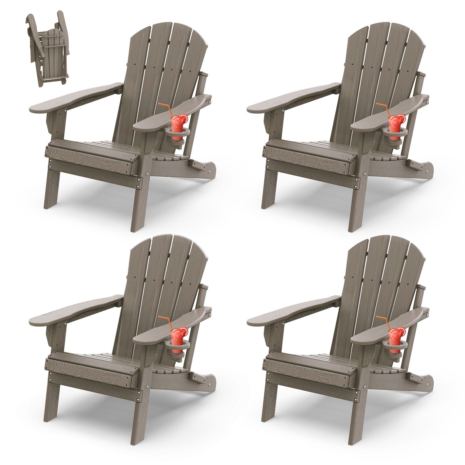 Outdoor Folding Adirondack Chair set of 4, HDPE All Weather Patio Chair with Cup Holder for Deck Backyard Garden, Wood
