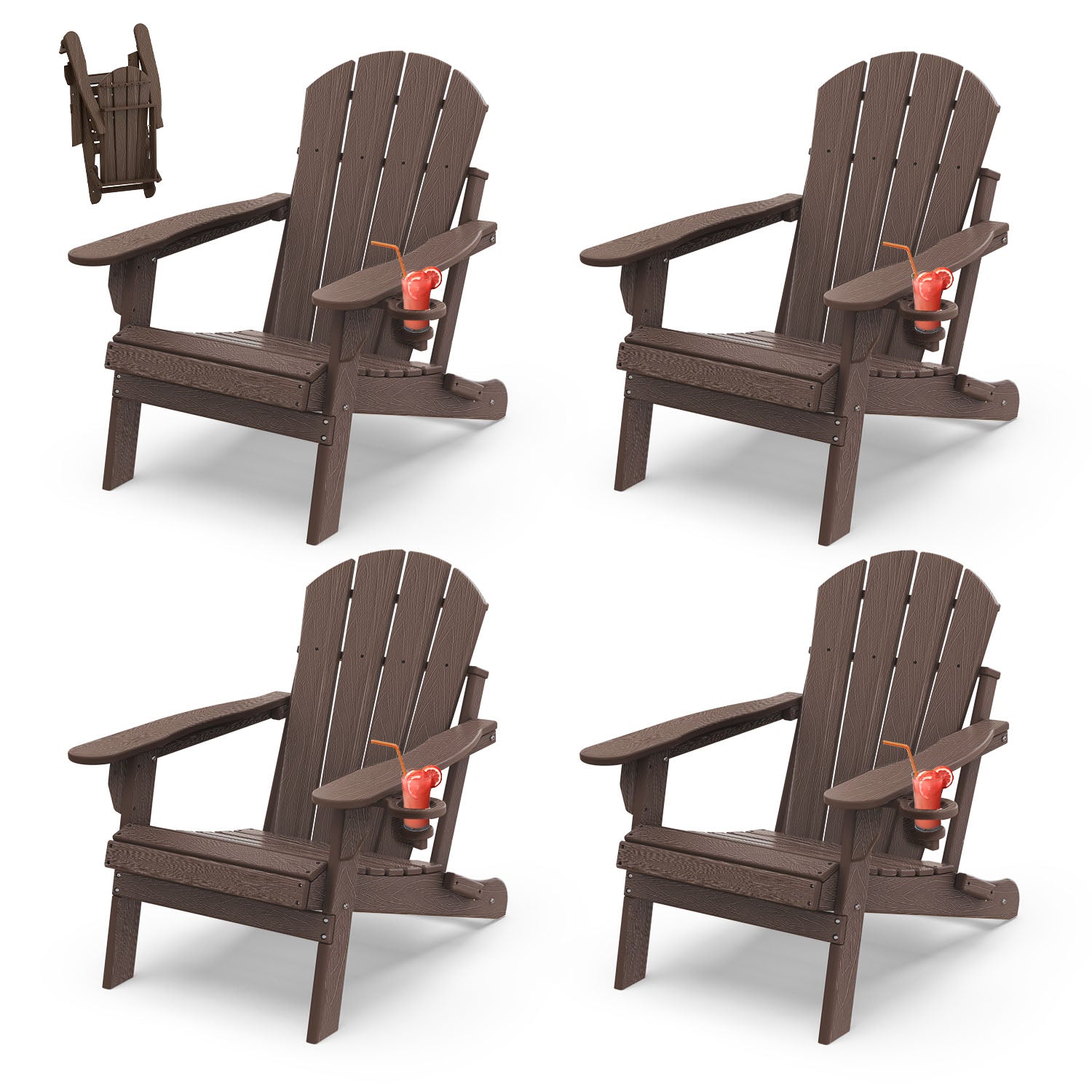 Outdoor Folding Adirondack Chair set of 4, HDPE All Weather Patio Chair with Cup Holder for Deck Backyard Garden, Brown Wood