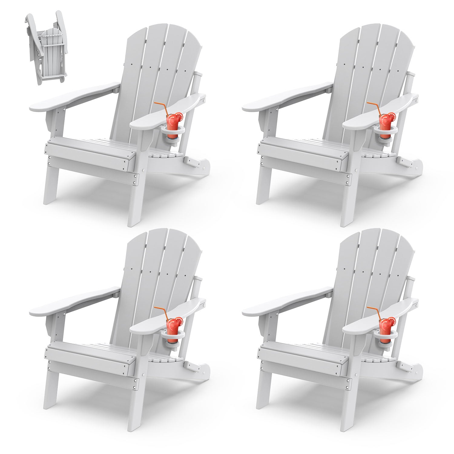 PIPOPA Outdoor Folding Adirondack Chair set of 4, HDPE All Weather Patio Chair with Cup Holder for Deck Backyard Garden, White