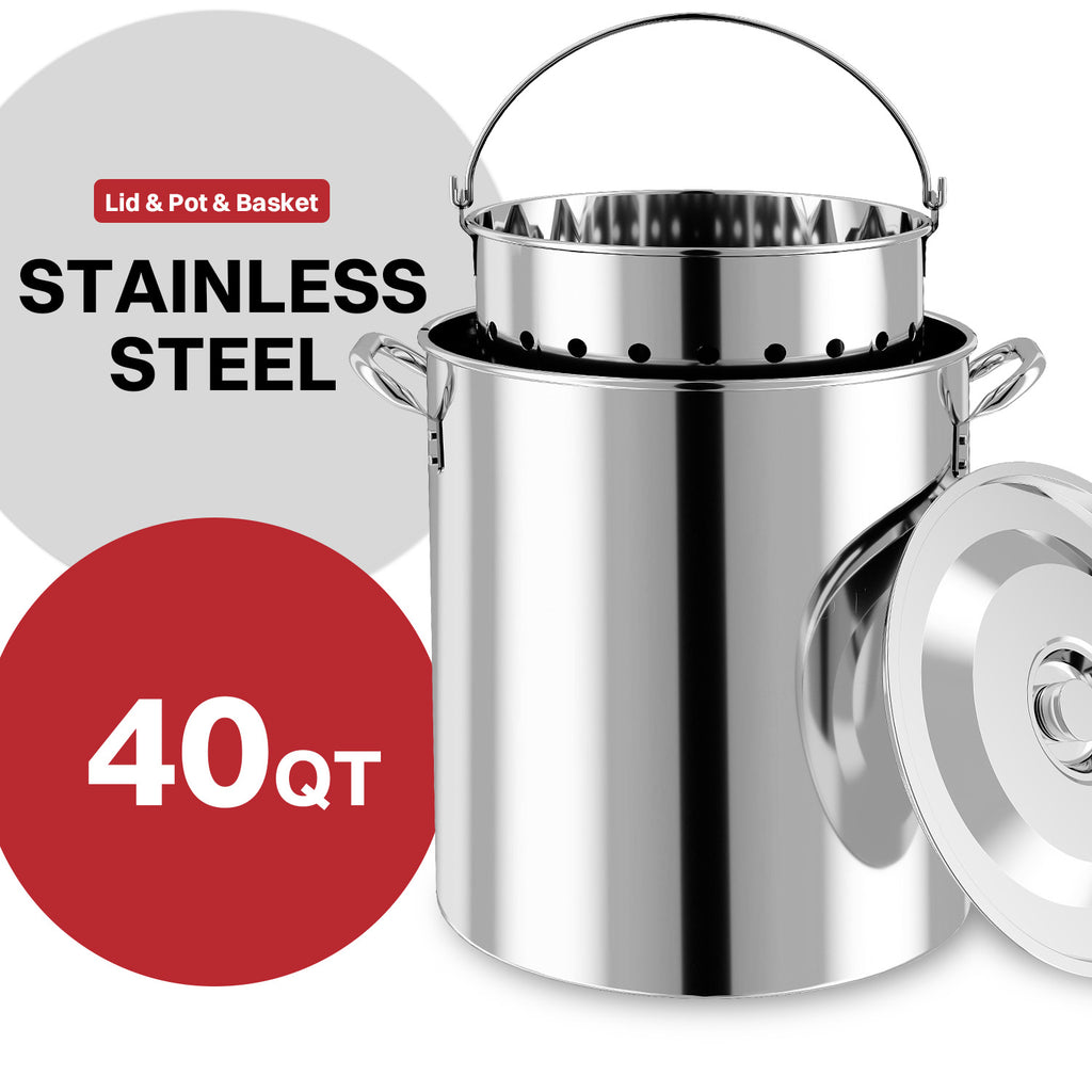 40QT Stainless Steel Turkey Fryer | Outdoor Fryer | Seafood Boil Pot | Cover & Skimmer Included | 50,000BTU Propane Burner | Deep Fryer Pot with Basket | Crab, Seafood & Crawfish Boiler