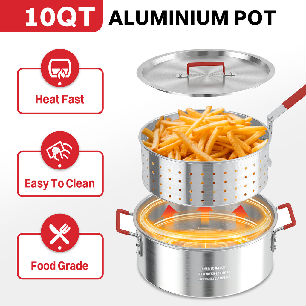 10QT Fish Fryer Pot with Lid | 9inch Fryer Tong | 8QT Basket | 6inch Thermometer | 50,000 BTU Propane Burner | Outdoor Deep Fryer | Ideal for Frying Fish | French Fries | Chicken Wings