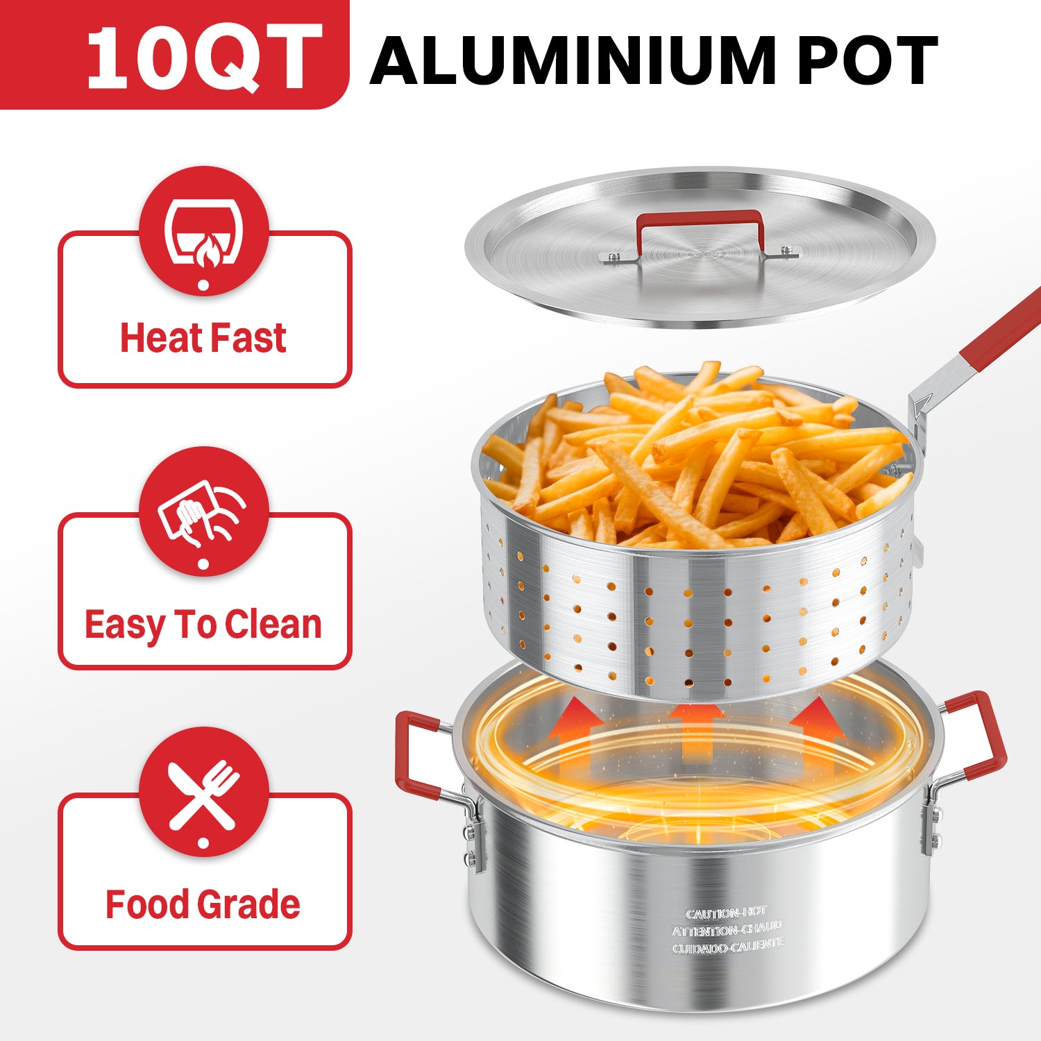 10QT Fish Fryer Pot with Lid | 9inch Fryer Tong | 8QT Basket | 6inch Thermometer | 50,000 BTU Propane Burner | Outdoor Deep Fryer | Ideal for Frying Fish | French Fries | Chicken Wings