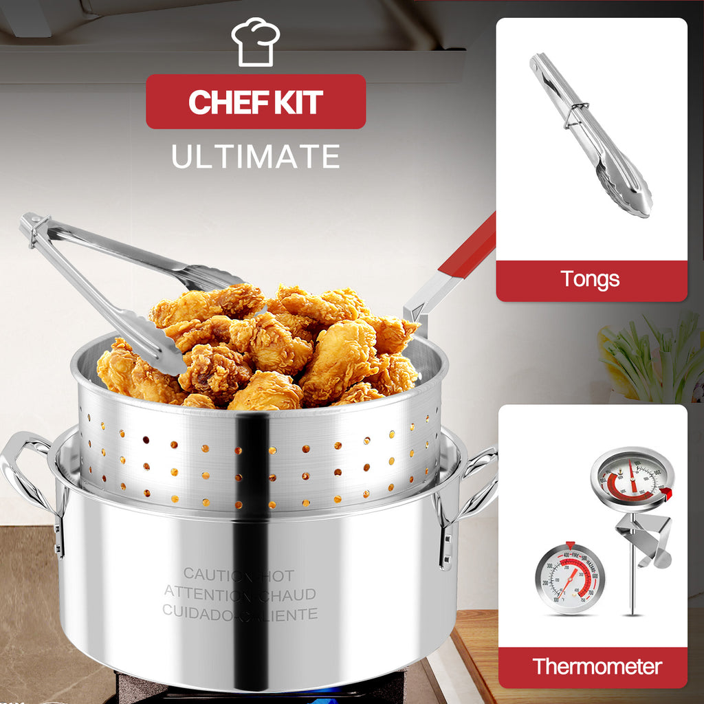 10QT Stainless Steel Deep Fryer with Basket | Fish Fryer | Frying Pot with Lid, Fryer Tong & Thermometer | Not Compatible with Induction or Electric Stoves | Perfect for Outdoor Use | Dishwasher Safe