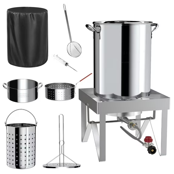 30QT Stainless Steel Turkey Fryer Kit, Stainless Steel Stand with 55,000BTU Propane Burner Stove, Waterproof Cover & Skimmer, Turkey Deep Fryer Pot, Outdoor Fish Fryer, Crawfish Boiler