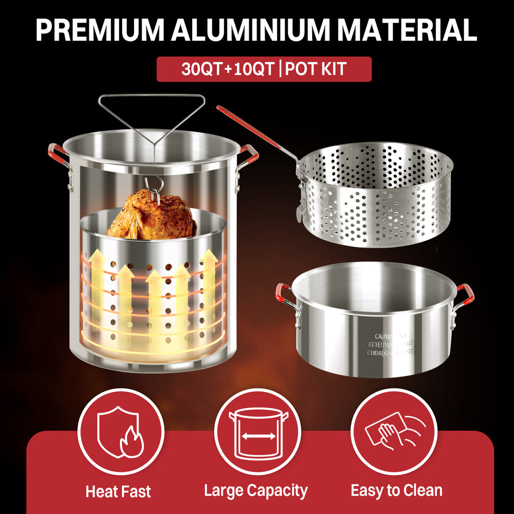 30QT & 10QT Outdoor Fryer | Turkey Fryer | Seafood Boil Pot | Cover & Skimmer Included | 50,000BTU Propane Burner | Aluminum Deep Fryer Pot with Basket | Crab, Seafood & Crawfish Boiler
