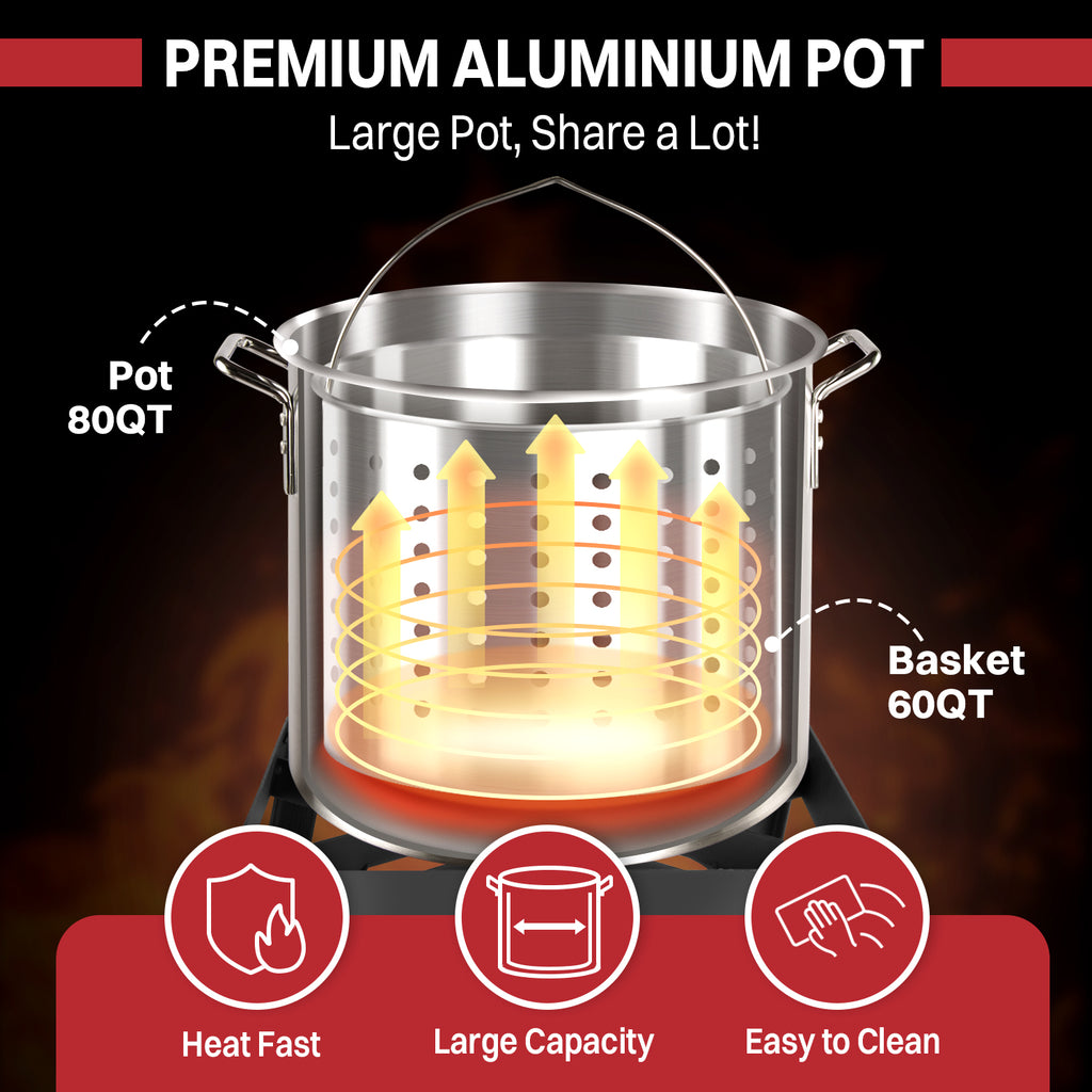 80QT Crawfish Boiler | Seafood Boiling Kit | Dustproof Cover & 16" Skimmer Included | 110,000BTU Propane Jet Burner | 0-20 PSI CSA Certified Regulator | Crab Boil Pot for Outdoor Backyard Cooking