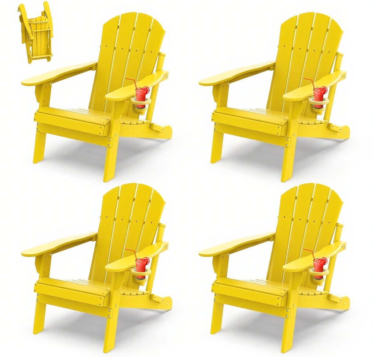 Outdoor Folding Adirondack Chair set of 4, HDPE All Weather Patio Chair with Cup Holder for Deck Backyard Garden, Yellow
