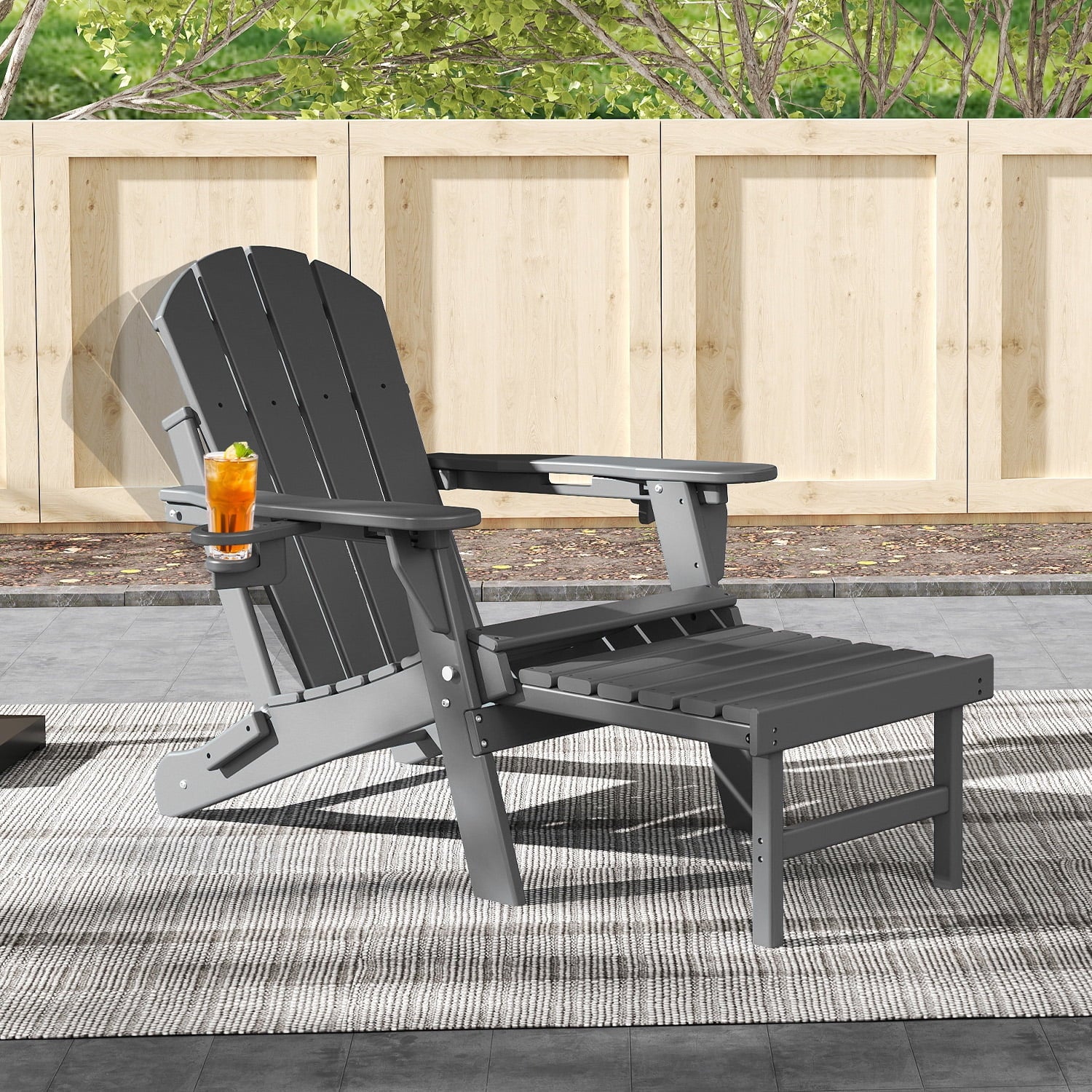 FODINGHILL Folding Adirondack Chair with Ottoman, Adjustable Backrest HDPE All-Weather Firepit Chair with Cup Holder, Grey