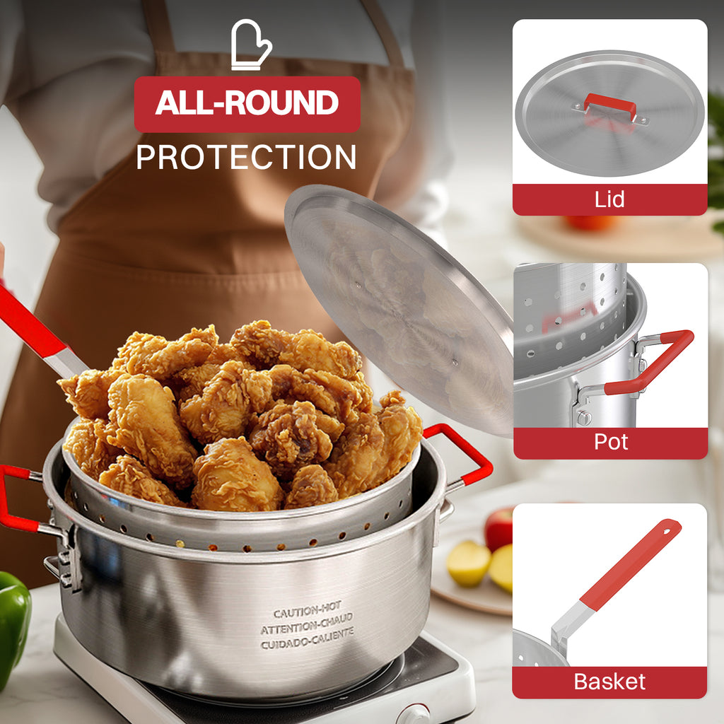 10QT Aluminum Fish Fryer Pot | with Lid & Tong | Deep Fryer with Basket | Indoor & Outdoor Cooking | All-Round Protection | Accessory Gift Pack | Perfect For Boiling ＆ Frying