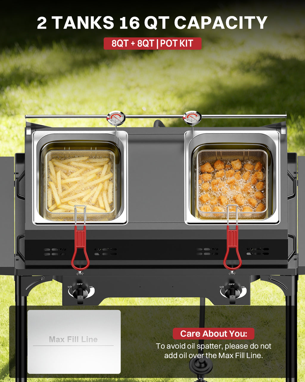 Outdoor Propane Deep Fryer | Dual Modes | Two Tanks | 8Qt Stainless Steel Pots | Includes Cover Tongs Thermometers Baskets & Lids | Independent Burners | 40,000 BTU | Ideal for Home & Commercial Use