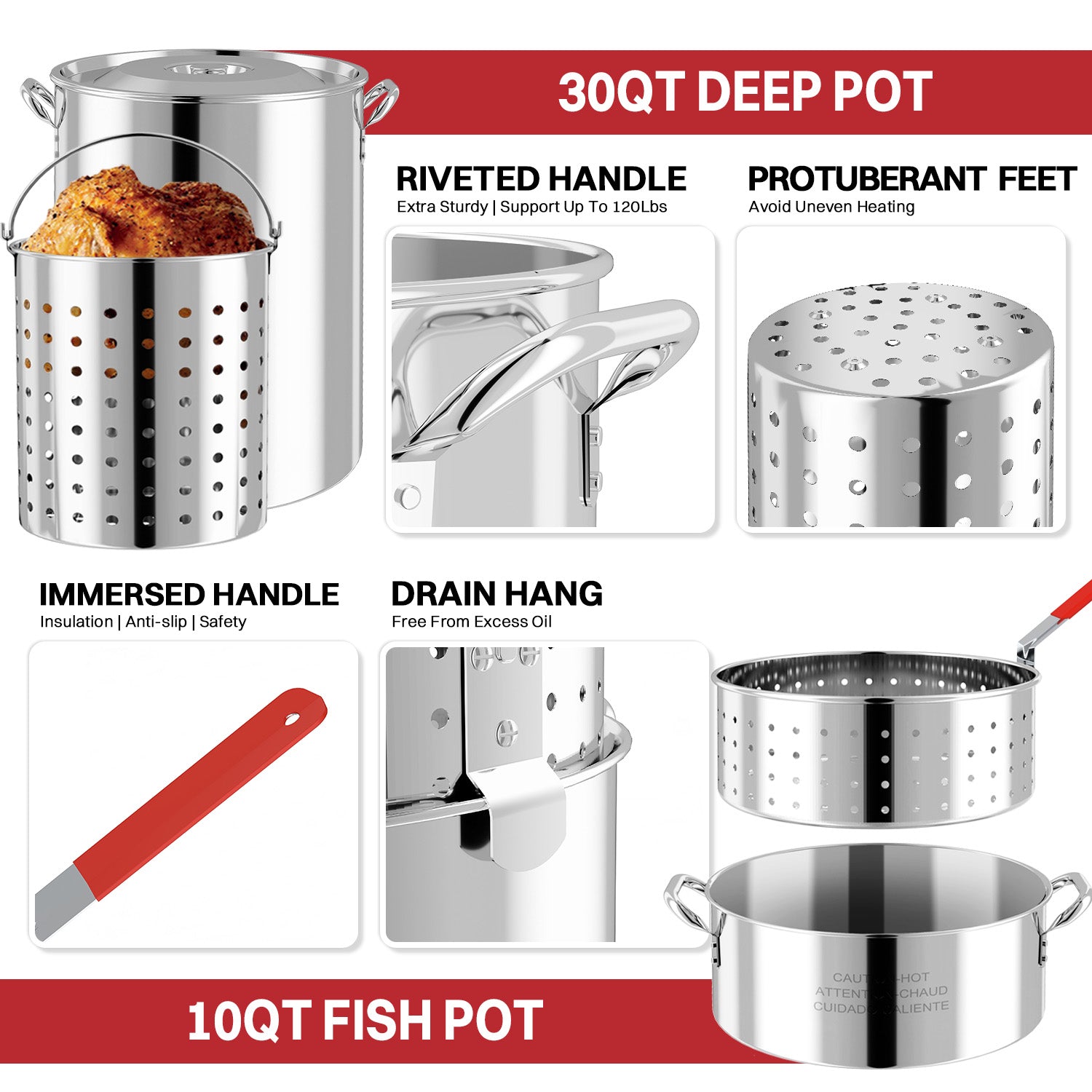 30QT Turkey Fryer Kit | Stainless Steel | Cover | Skimmer | 50,000BTU Burner | Outdoor Deep Fryers with Basket | Seafood Boil Pot | Crab Shirmp & Crawfish Boiler