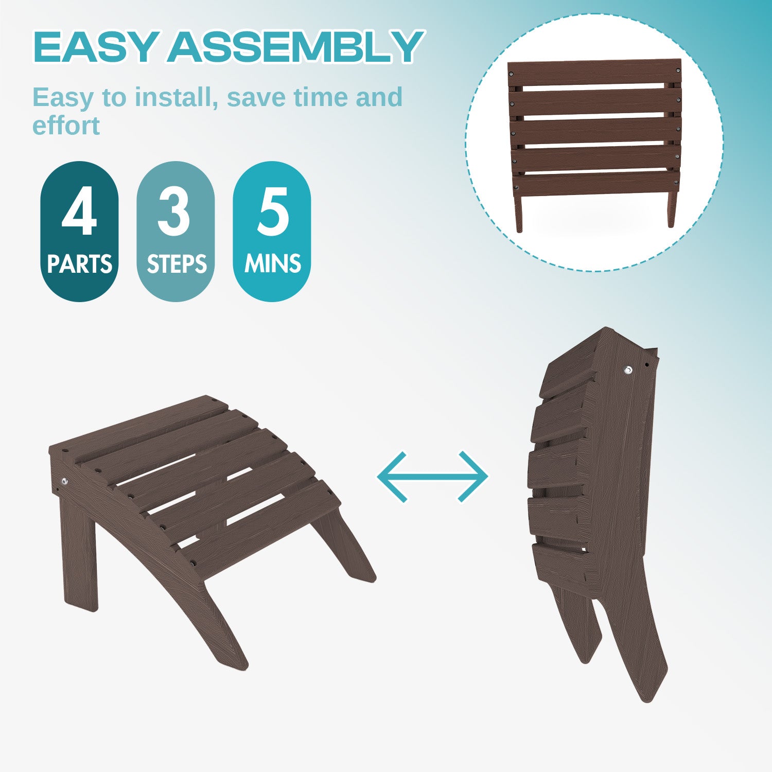 FODINGHILL Adirondack Outdoor Ottoman set of 2, HDPE Patio Foot Rest set of 2, All Weather Folding Foot Stool for Adirondack Chair, for Patio Backyard Pool Porch Lawn, Brown Wood Grain