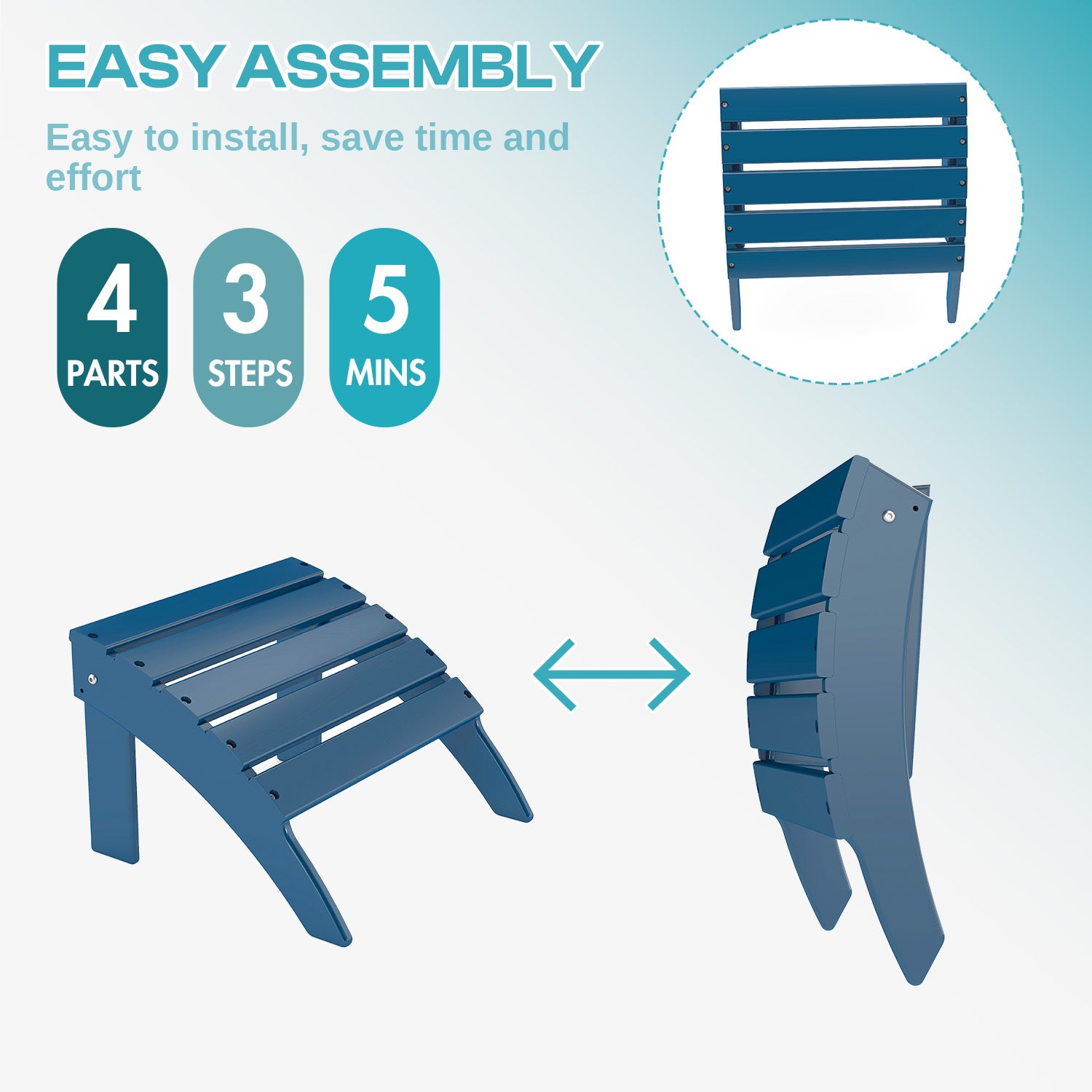 FODINGHILL Adirondack Outdoor Ottoman set of 2, HDPE Patio Foot Rest set of 2, All Weather Folding Foot Stool for Adirondack Chair, for Patio Backyard Pool Porch Lawn, Blue