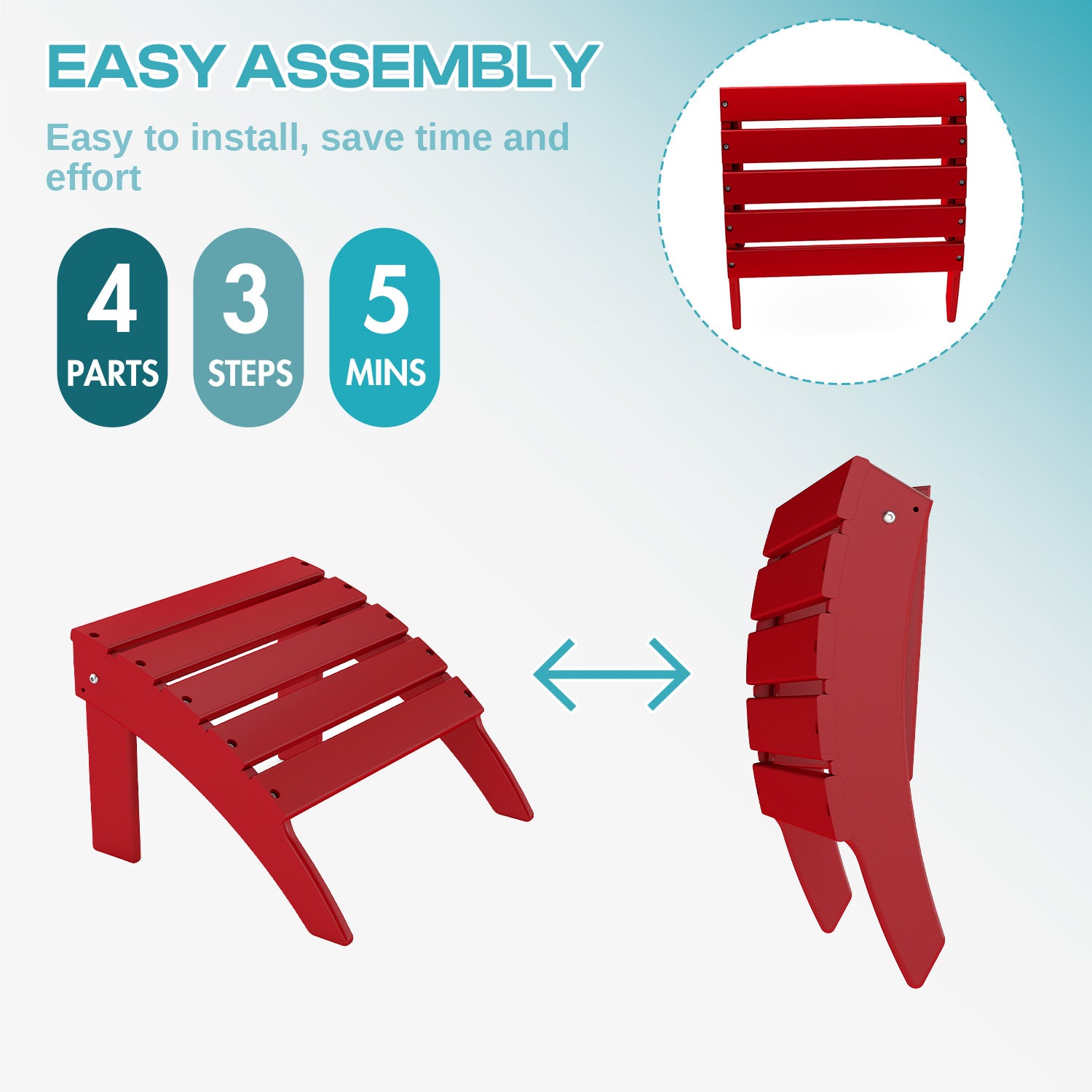 FODINGHILL Adirondack Outdoor Ottoman set of 2, HDPE Patio Foot Rest set of 2, All Weather Folding Foot Stool for Adirondack Chair, for Patio Backyard Pool Porch Lawn, Red