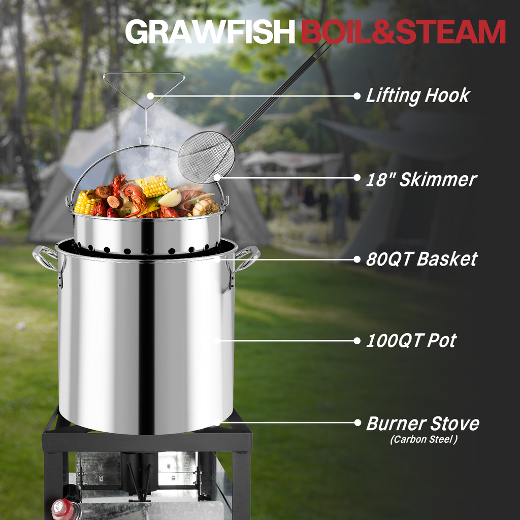 100QT Stainless Steel Crawfish Boiler | Seafood Boiling Kit | Cover & 18" Skimmer Included | 110,000BTU Propane Jet Burner | 20 PSI CSA Certified Regulator | Crab Boil Pot for Outdoor Backyard Cooking